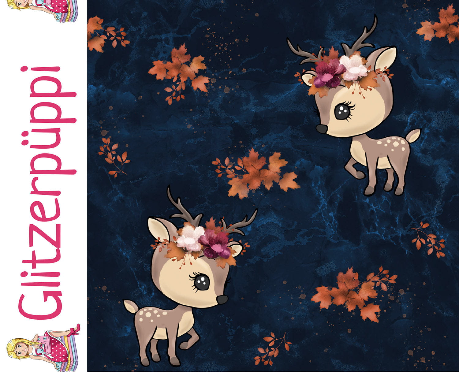 Glitzerpüppi French Terry Digital mit Baby-Hirschen und Herbstlaub - marine (N008)