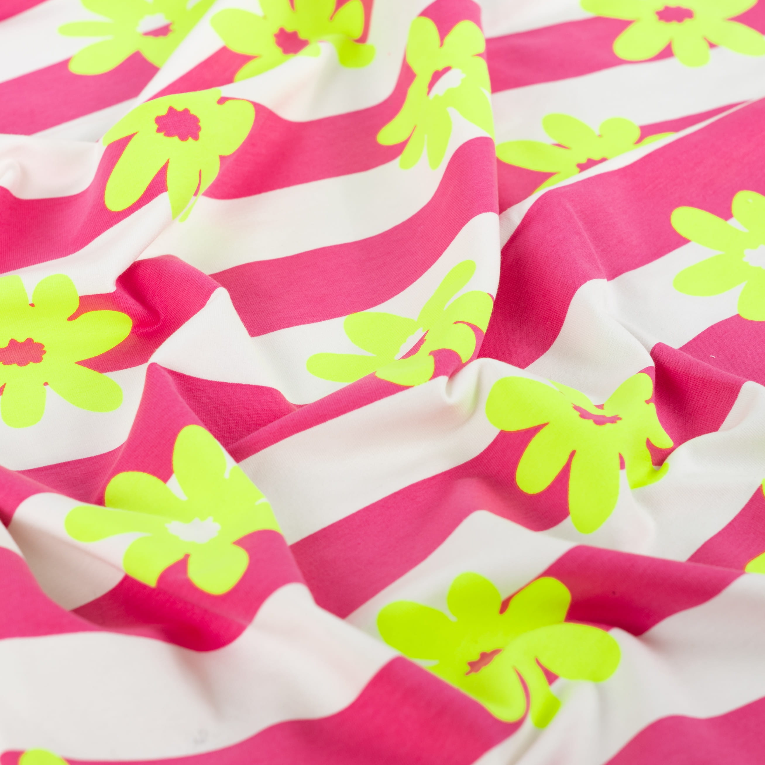 French Terry "Stripes & Flowers" mit neon gelben Blumen und Blockstreifen - pink/weiß (Q170)