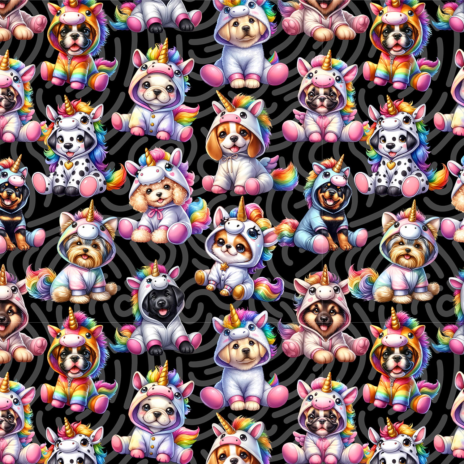 Sommersweat French Terry Digital mit Hunden im Einhornkostüm - schwarz/grau