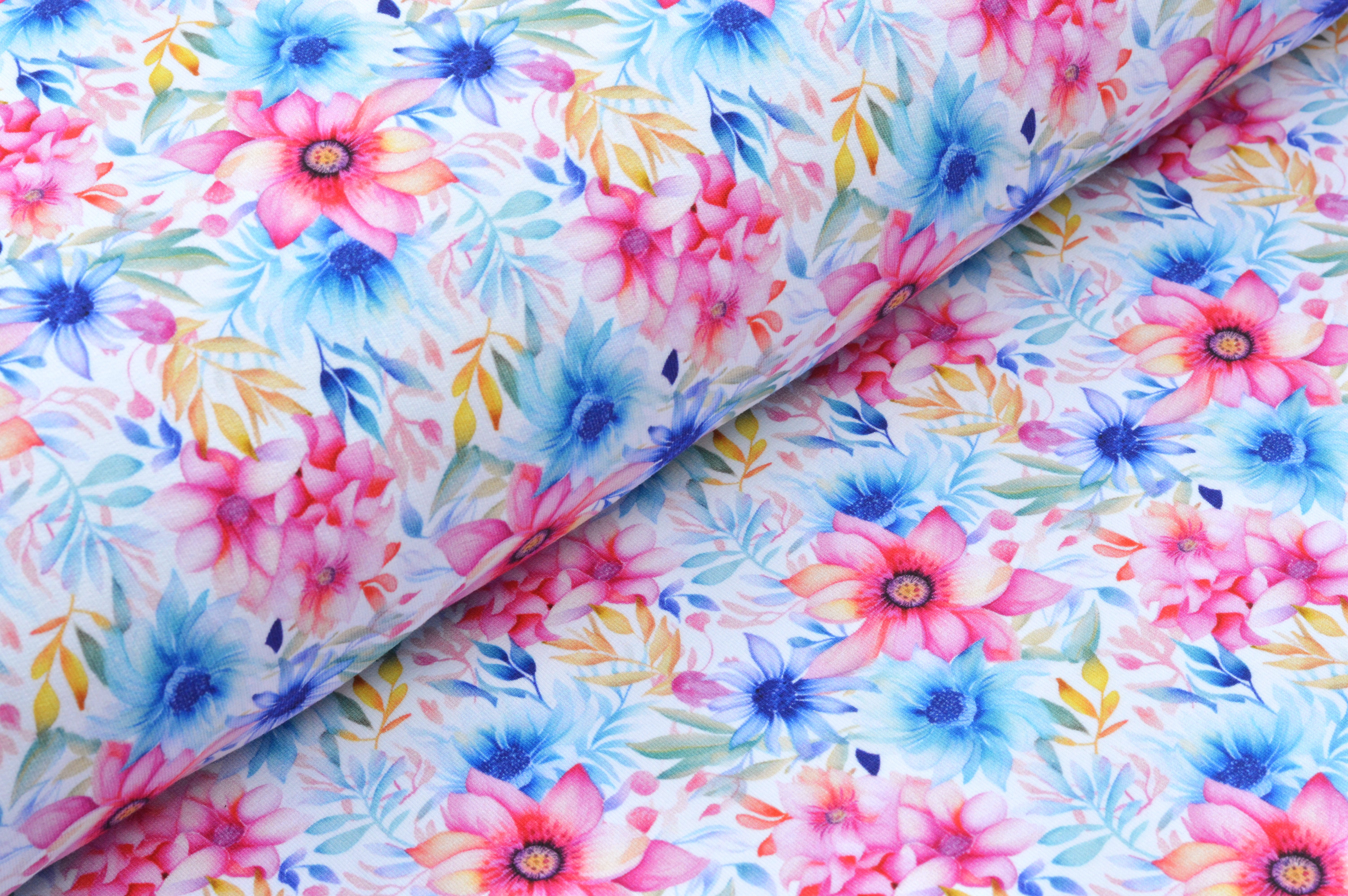 French Terry Digital Eigenproduktion "Colorful Flowers" mit bunten Aquarellblumen - weiß