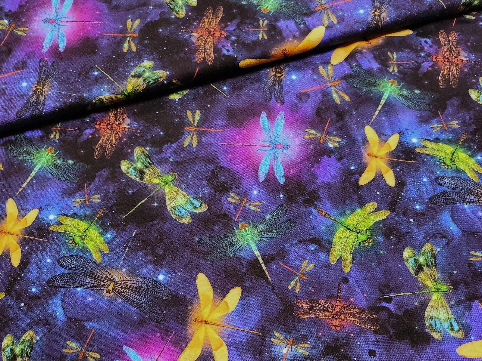 Baumwolljersey Digital mit leuchtenden Libellen im Nachthimmel - navy/lila
