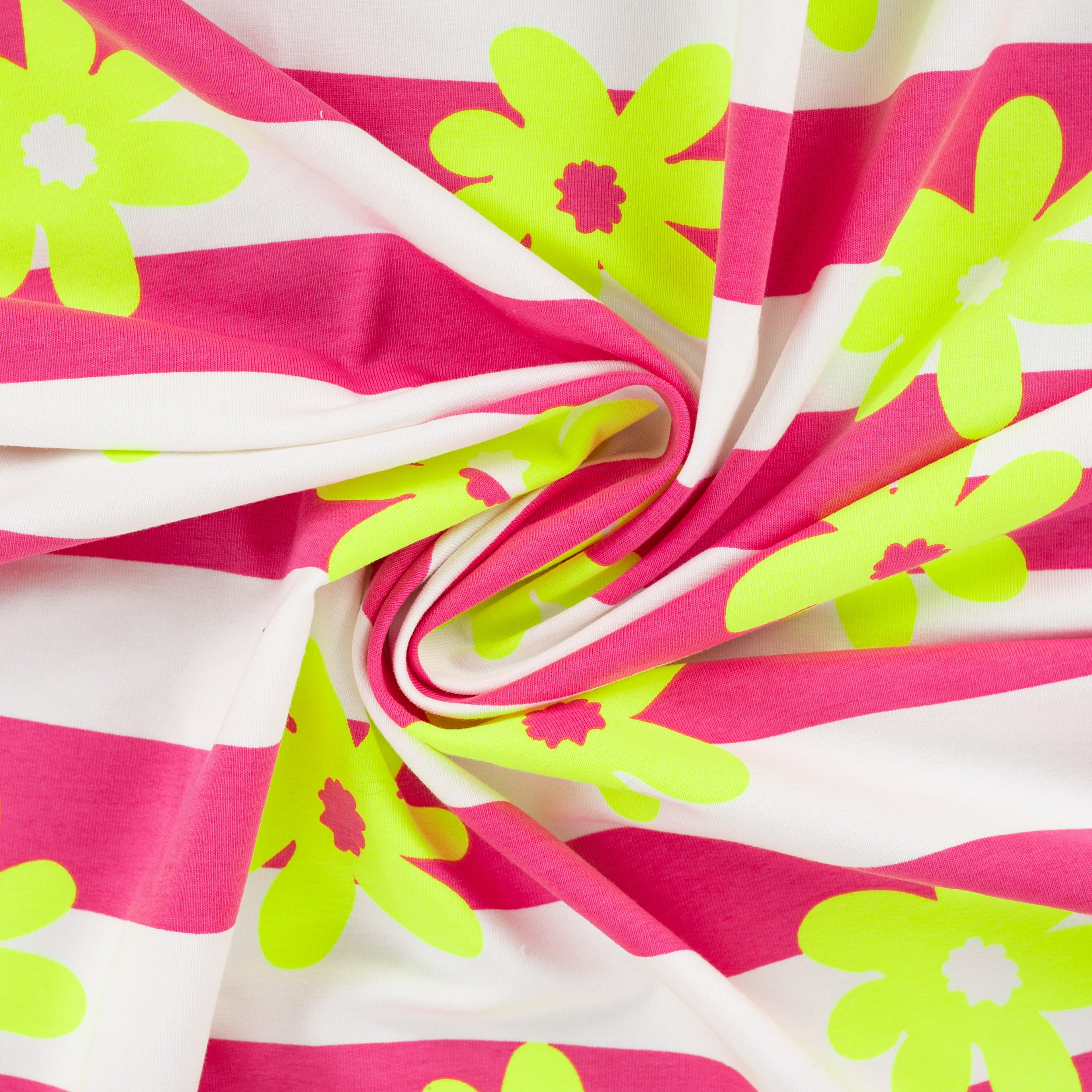 French Terry "Stripes & Flowers" mit neon gelben Blumen und Blockstreifen - pink/weiß (Q170)
