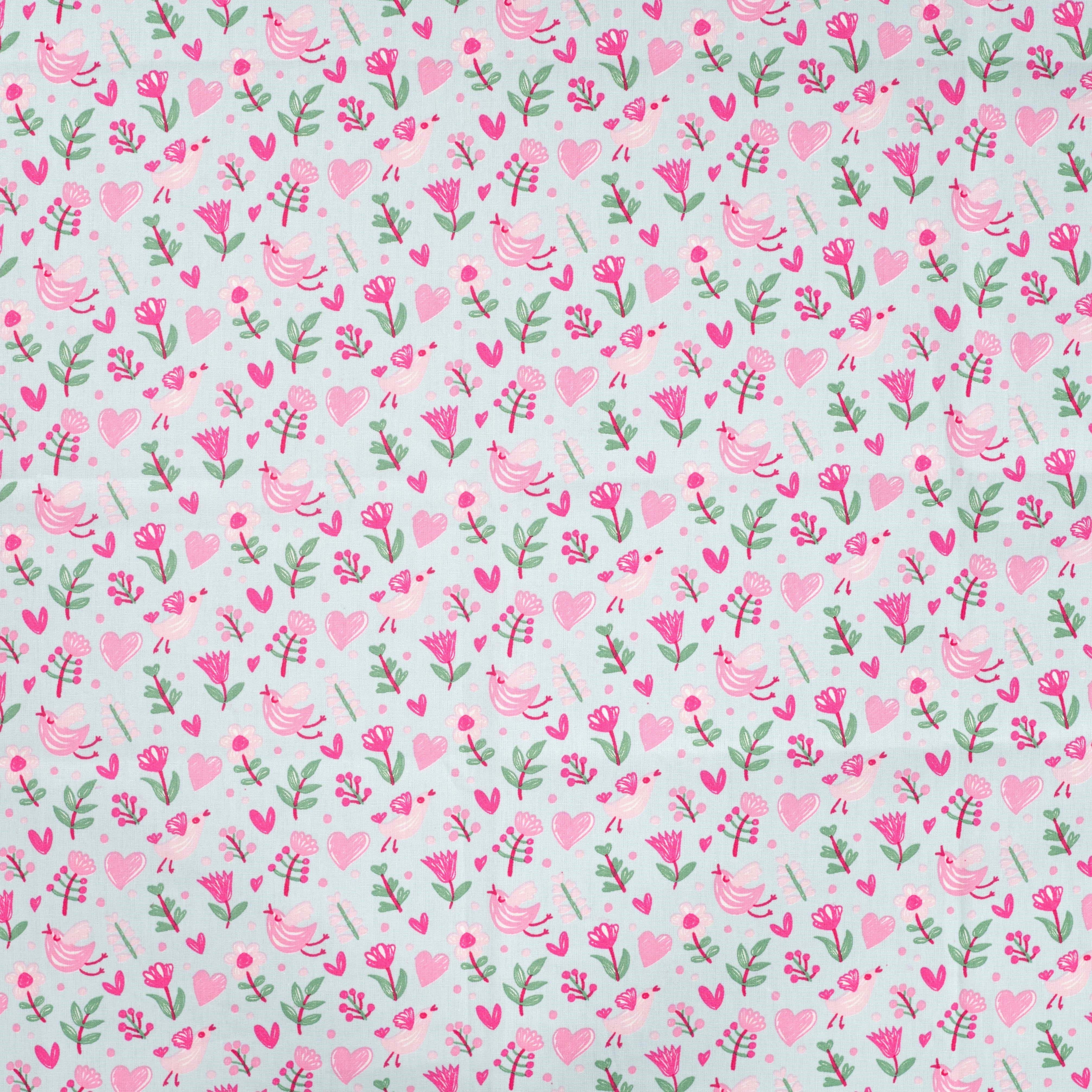 Baumwolle Popeline mit Herzchen Vögeln Hellblau Stoffmonster