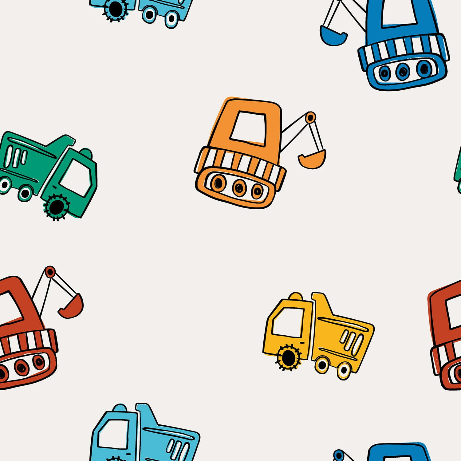Baumwolljersey mit großen bunten Baustellenfahrzeugen - ecru (N051)