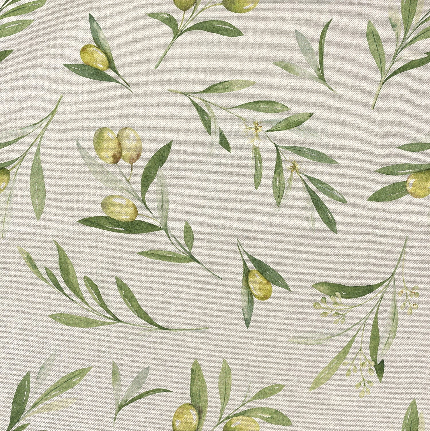 Panama Dekostoff mit Olivenzweigen in Aquarelloptik auf naturfarbenen Grund - mediterraner Look für Dekoideen