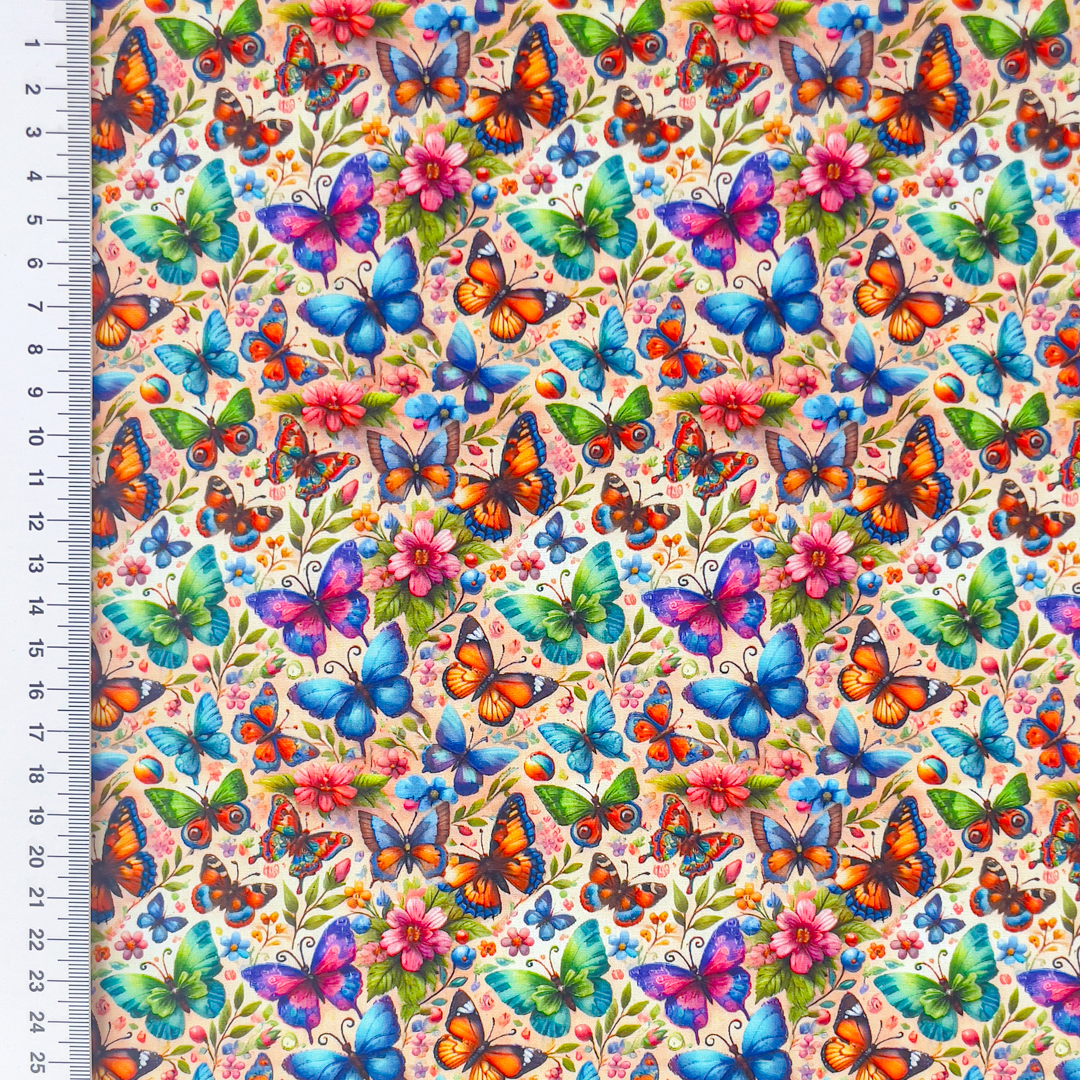 Baumwollstoff Popeline Digitaldruck "Butterflies & Flowers" mit bunten Schmetterlingen und Blumen