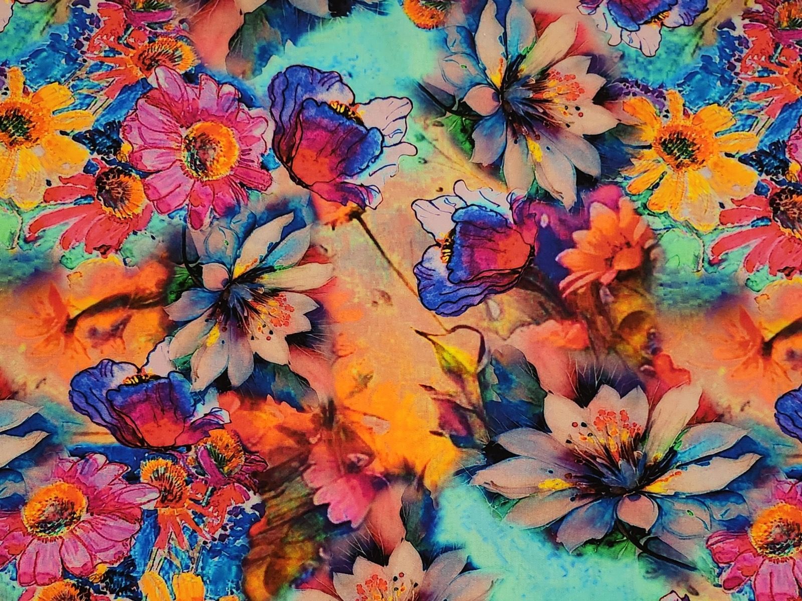 Viskose  Digital mit leuchtenden Aquarell-Blumen - kobalt (195)