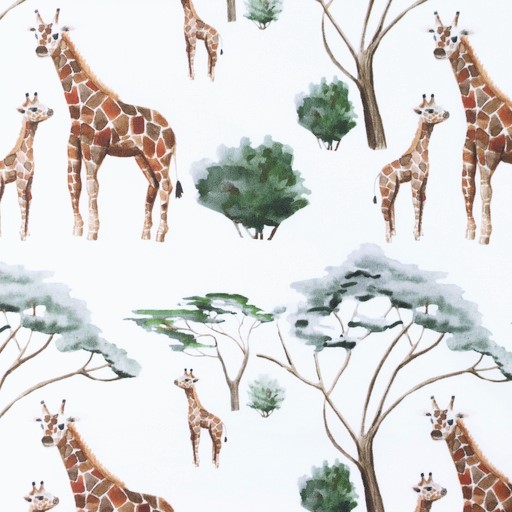 Baumwollstoff Digital mit Akazienbäumen und Giraffen - weiß 