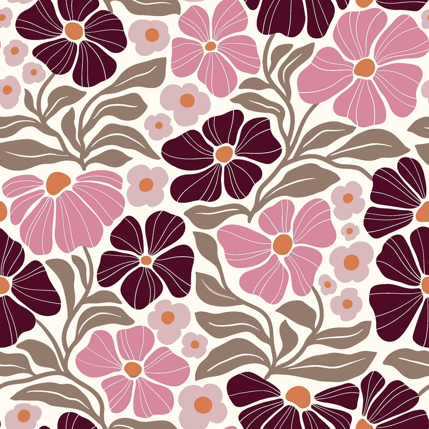 Feincord mit Retro-Blumen in Rosa & Braun