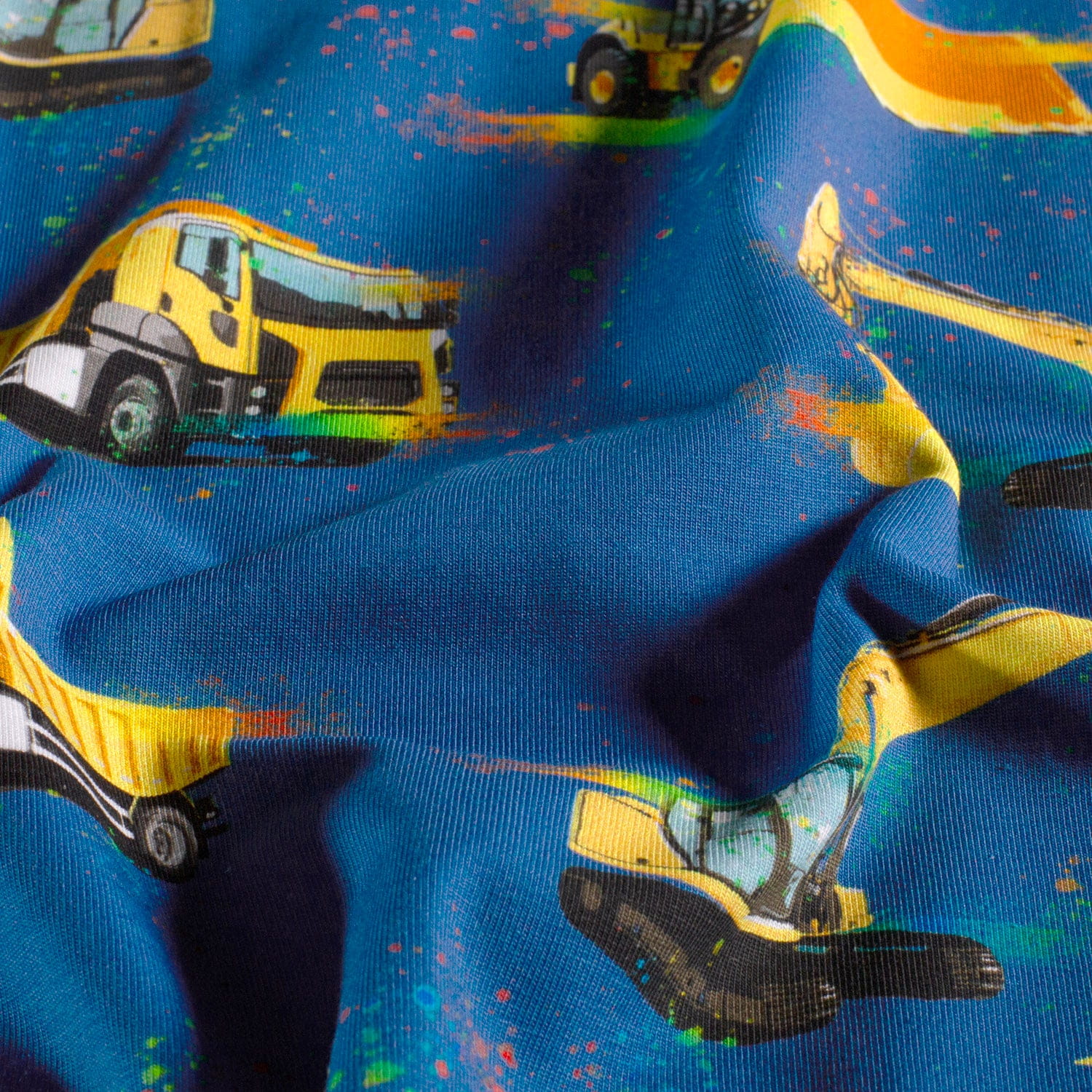 Glitzerpüppi Baumwolljersey mit Baufahrzeugen - blau