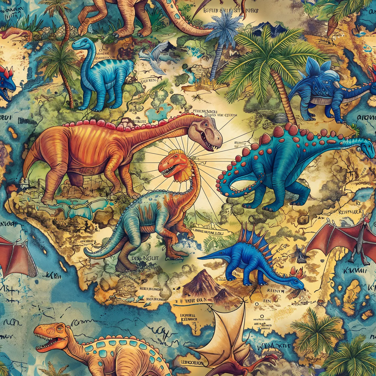 Digital bedruckter Sommersweat mit bunten Dinosauriern auf einer stilisierten Weltkarte in Beige-Blau - kindgerechtes Motiv für Kleidung und Accessoires.
