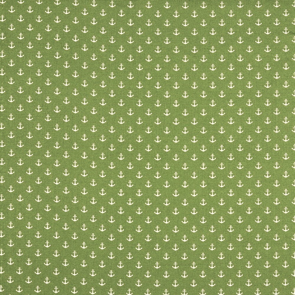 Baumwollstoff dunkellime mit kleinen weißen Ankern (017)    