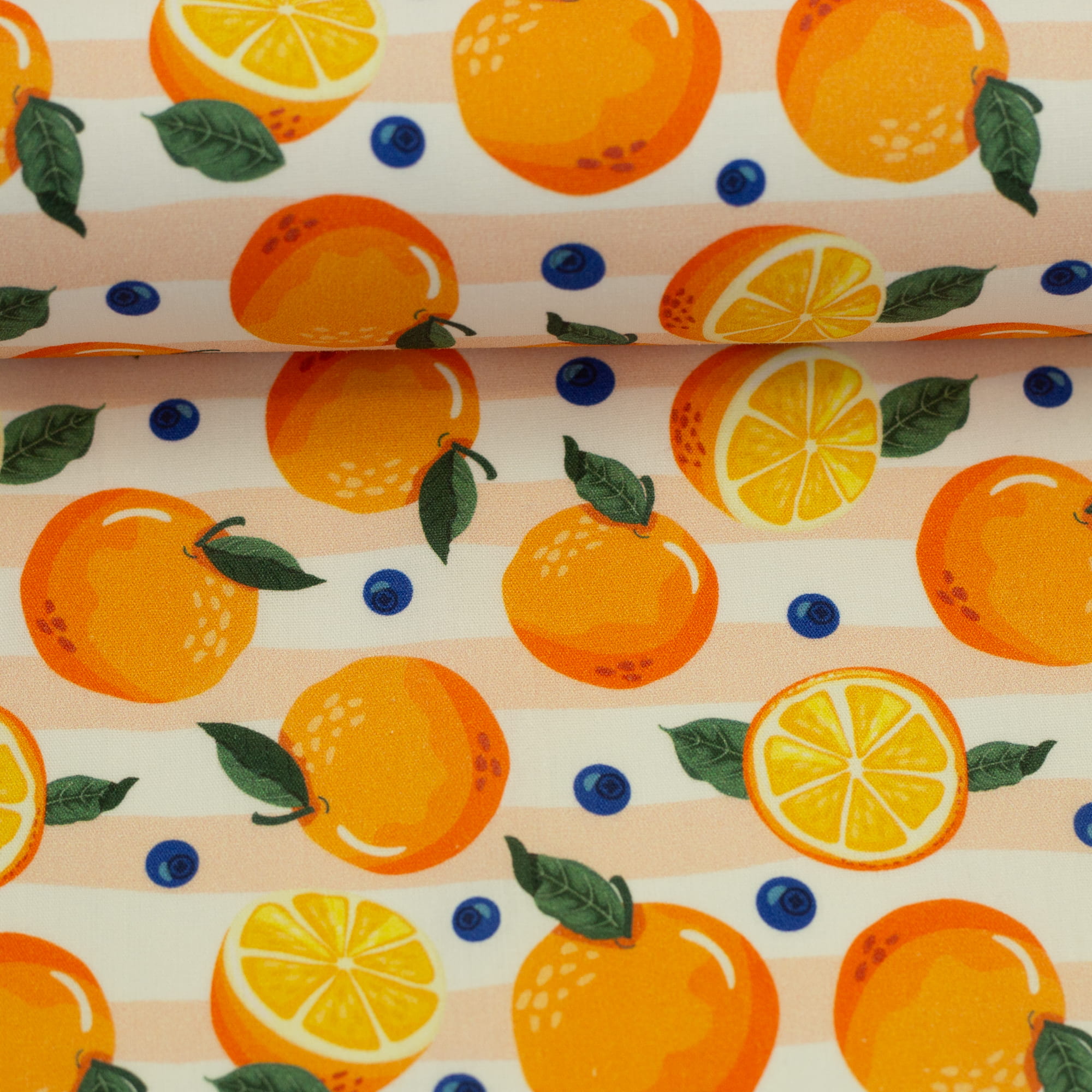 Baumwollstoff Swafing "Fruits" mit Orangen und Blaubeeren - aprikot/weiß