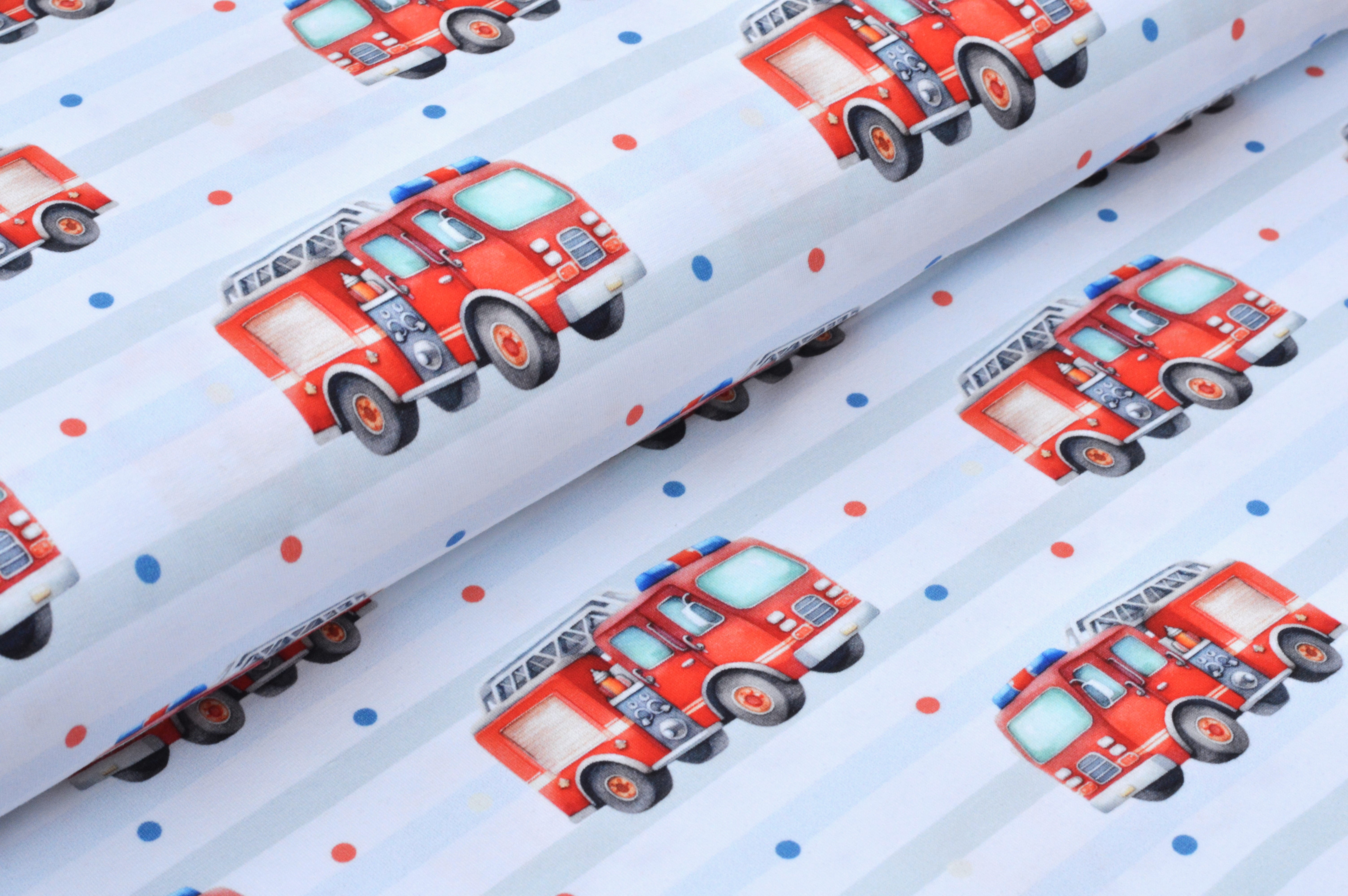 Digitaljersey Eigenproduktion "Kleine Feuerhelden" mit Feuerwehrautos - hellblau/weiß gestreift