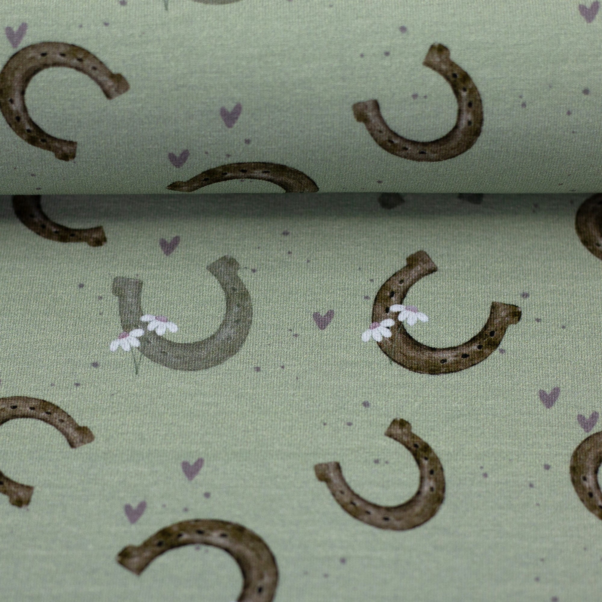 Baumwolljersey Swafing "I love Ponys" Serie von Sabine Marschall mit Hufeisen - lindgrün