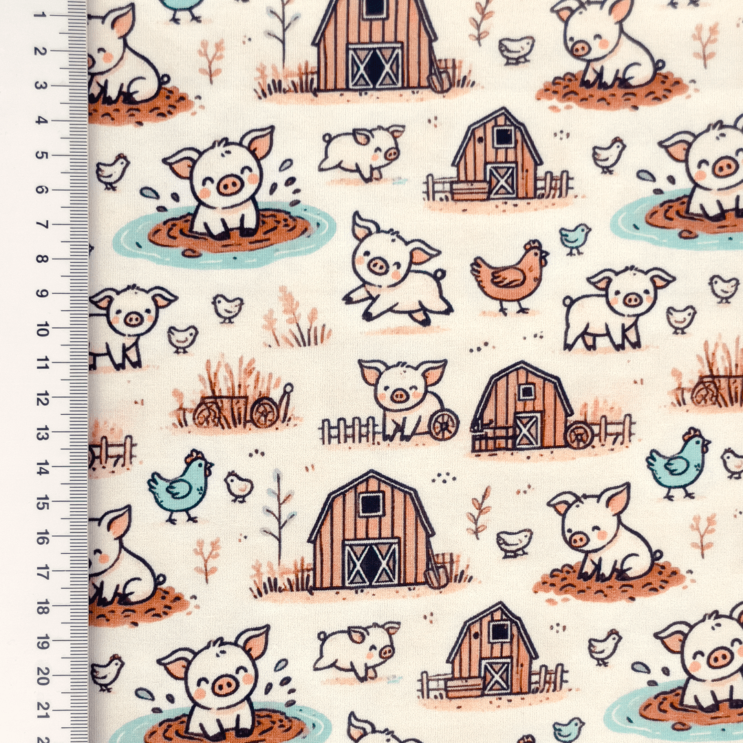 Baumwolljersey Digital mit Schweinchen, Hühnern und Bauernhof - creme  