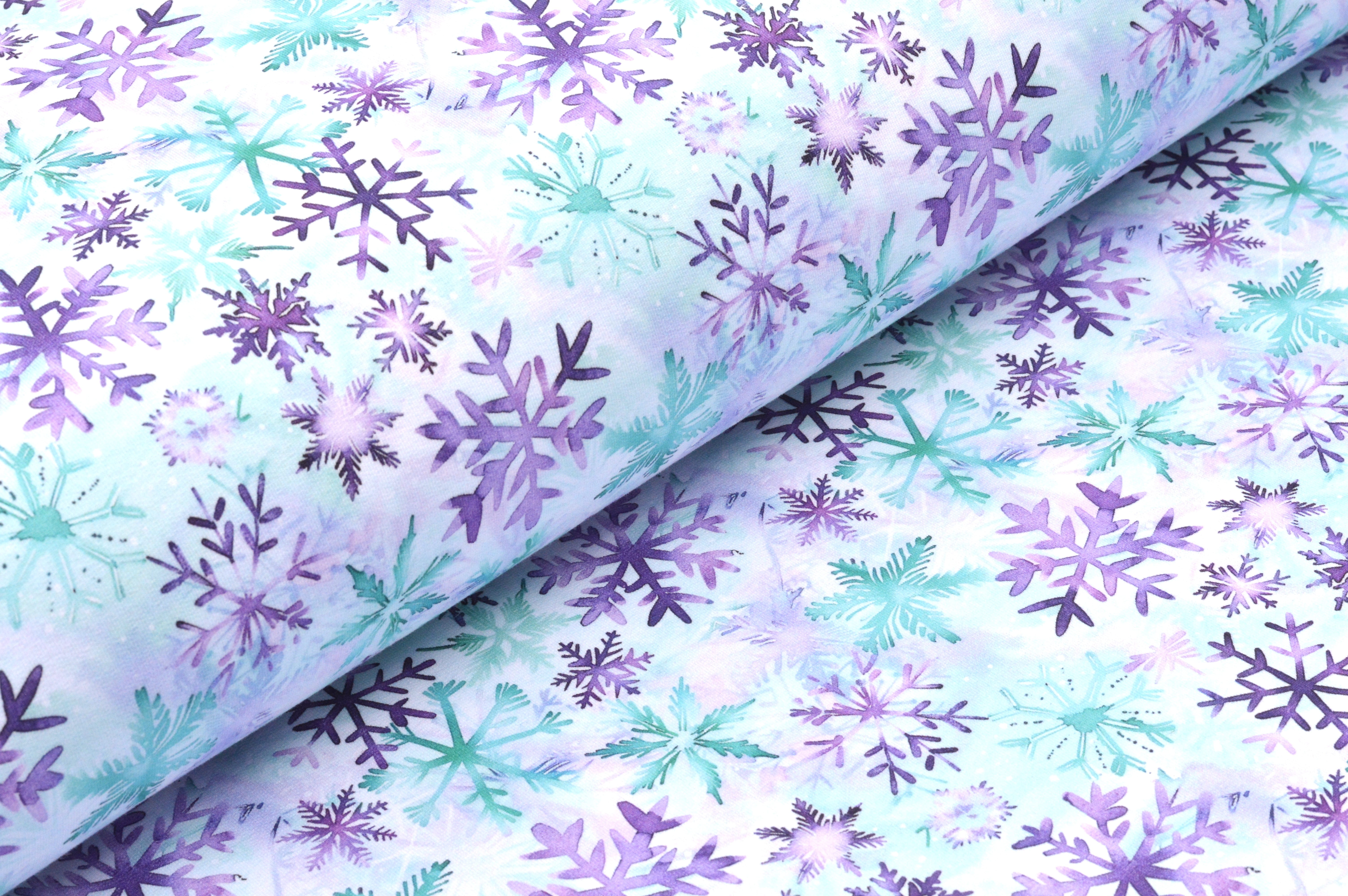 French Terry Digital Eigenproduktion "Snowflakes" mit Schneeflocken - weiß/lila/petrol/mint