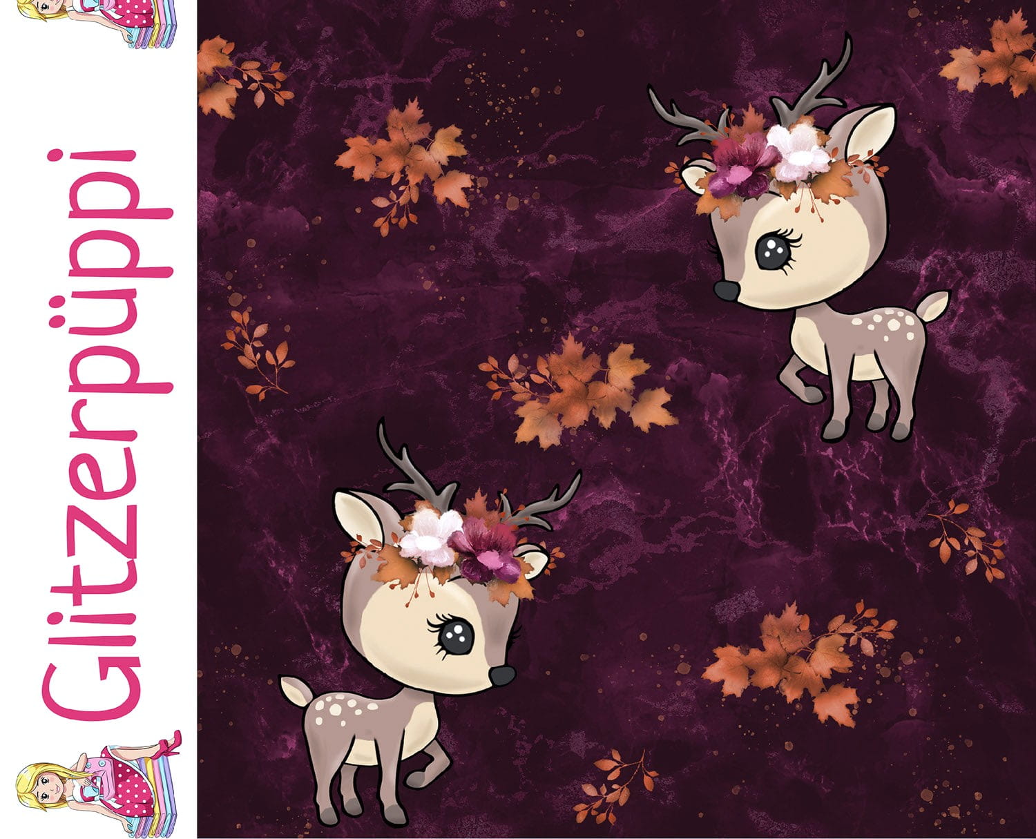 Glitzerpüppi French Terry Digital mit Baby-Hirschen und Herbstlaub - weinrot (N019)
