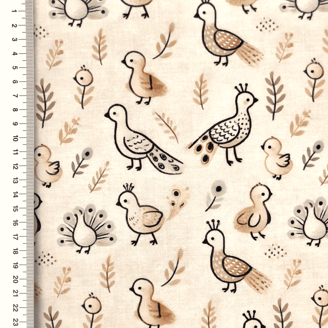 Baumwolljersey Digital "Lovely Birds" mit Vögeln und Zweigen - creme  