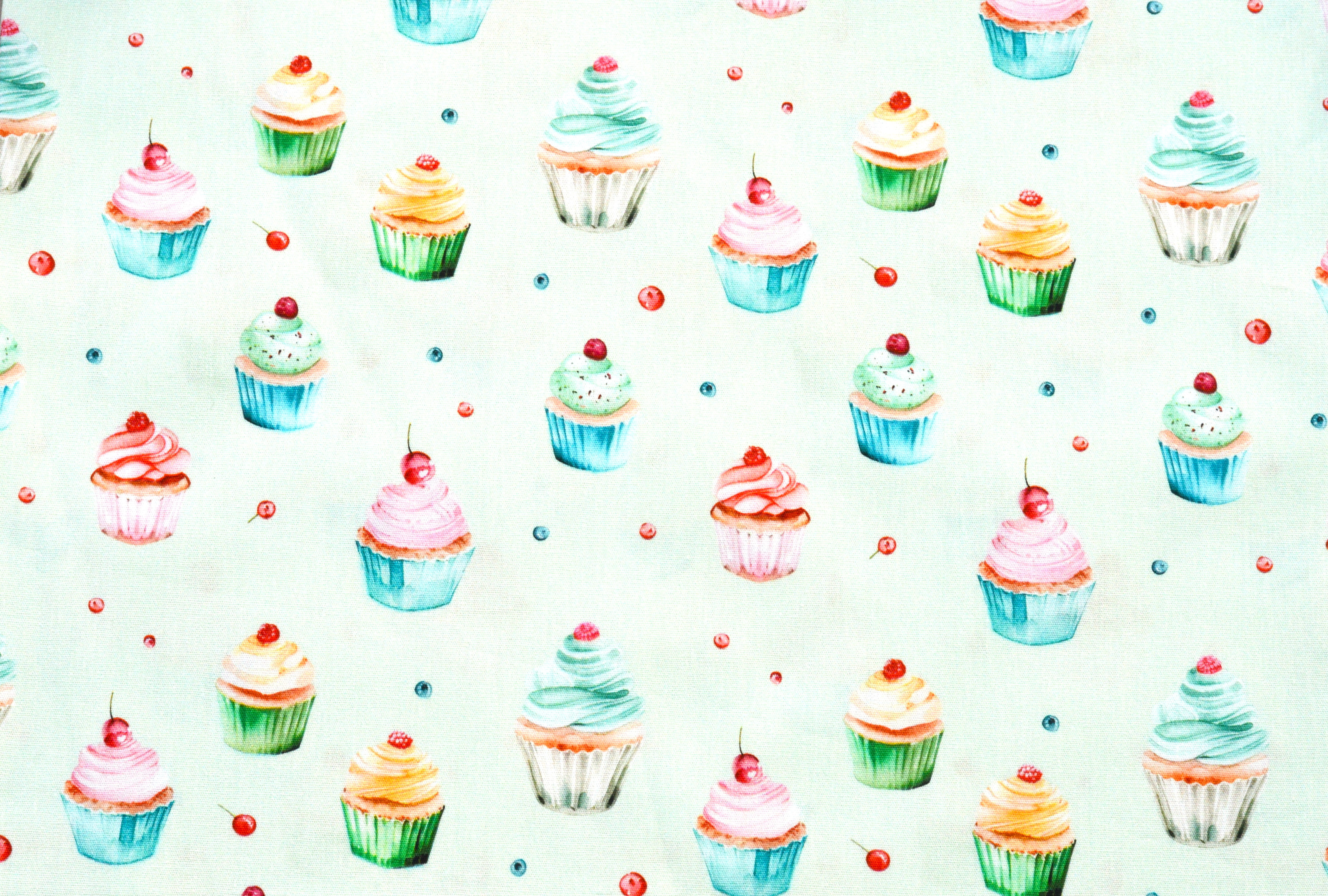 Baumwollstoff Digitaldruck Eigenproduktion mit Cupcakes, Kirschen und Streuseln - mint