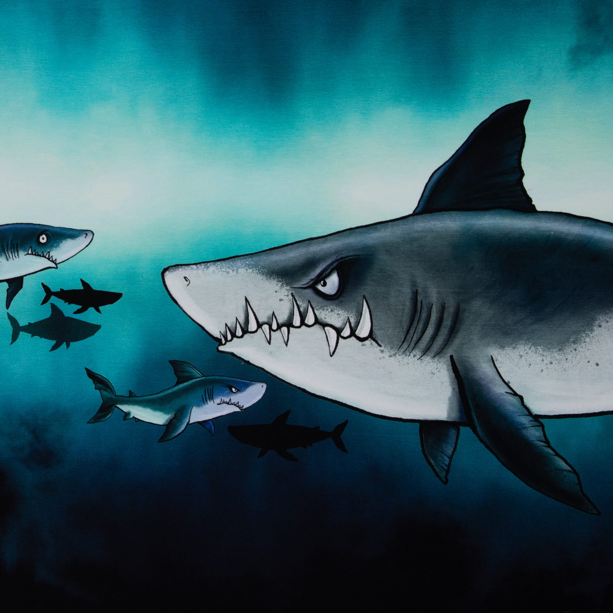 French Terry Panel "Shark Tank" mit großen Haien by Thorsten Berger 