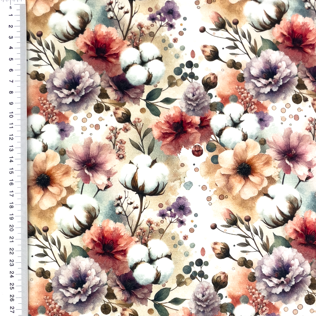 Baumwolljersey mit Baumwollpflanzen, Wildrosen und Lavendel (Digitaldruck) - creme/beige