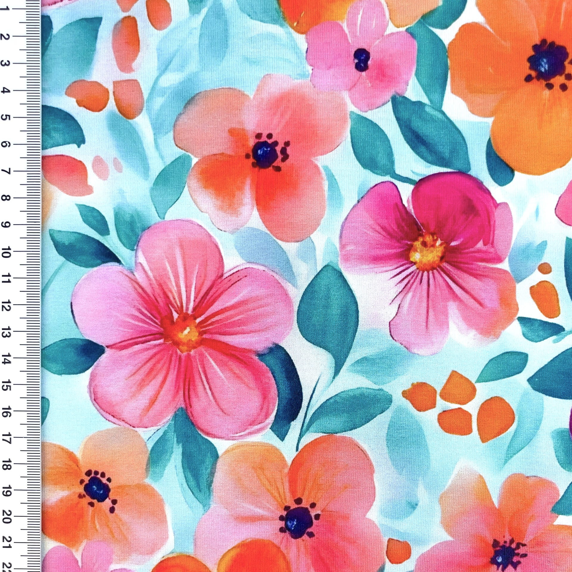 Viskosejersey Digital mit bunten Aquarell-Blumen - dusty aqua