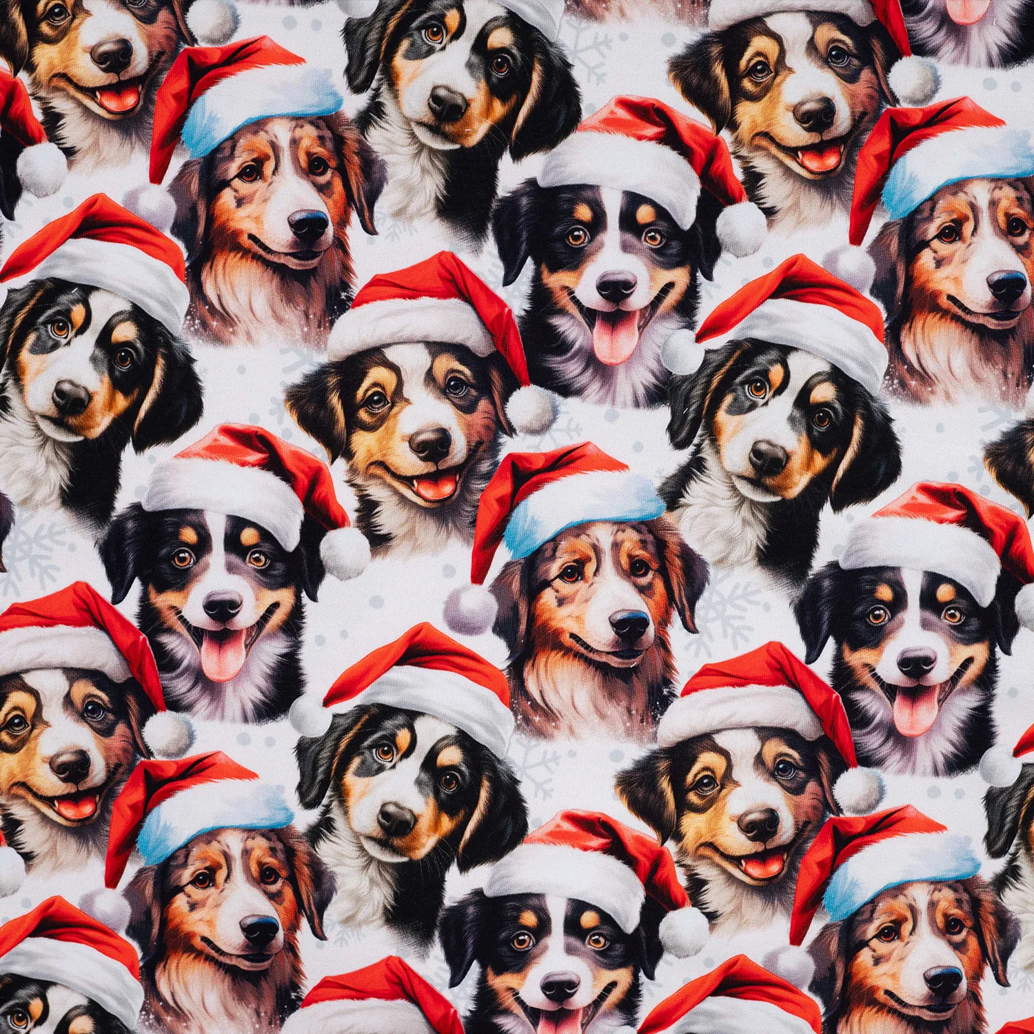 Ecrufarbener French Terrx mit bunten Hundeköpfen in Weihnachtsmützen - festlicher Sommersweat