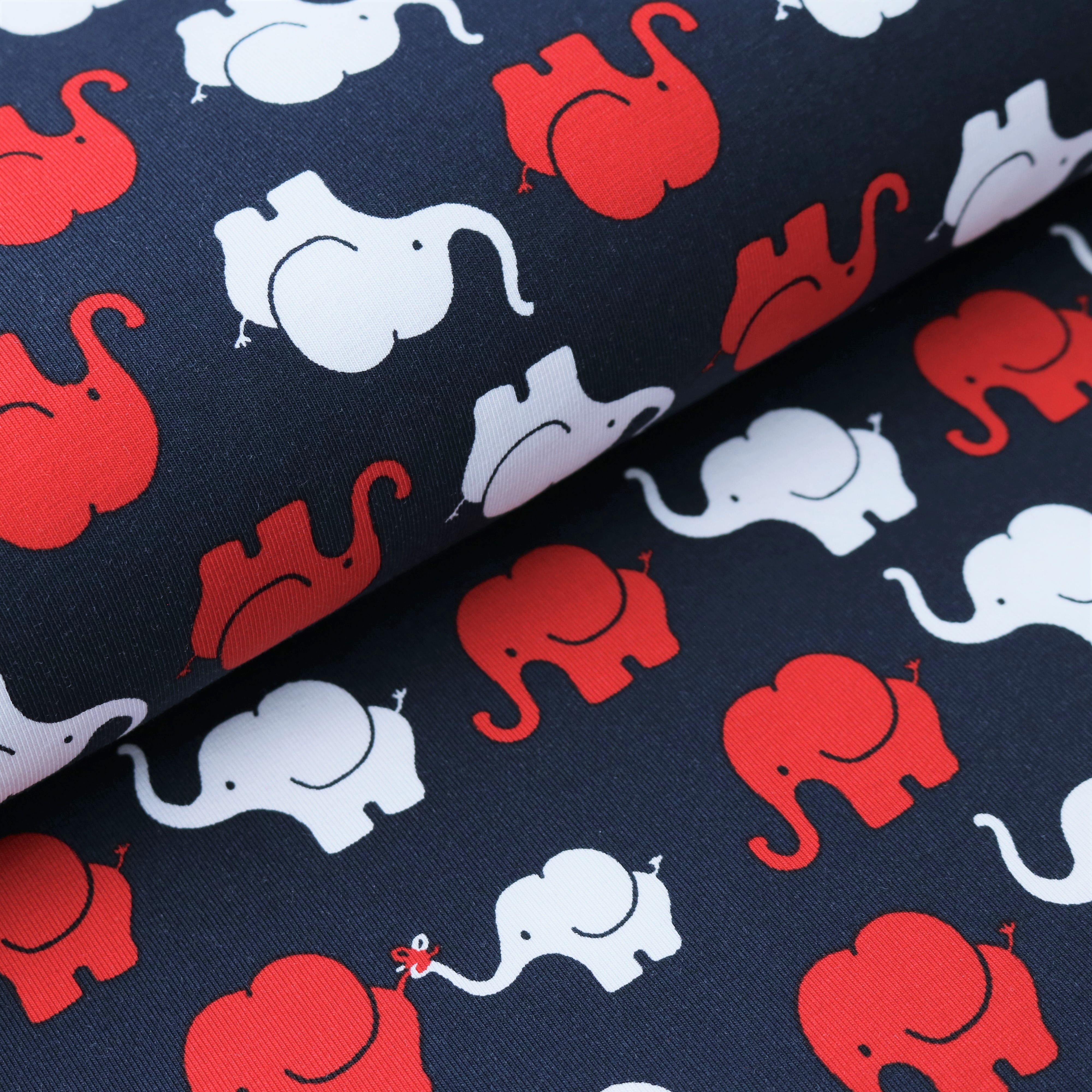 0,67m Restsstück   Baumwolljersey Elephant Parade - dunkelblau/rot