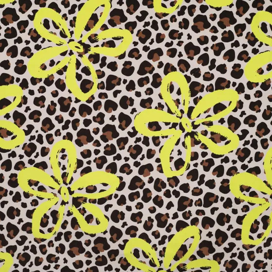 Sommersweat French Terry Digital mit neongelben Blumen und Leopardenmuster - beige 