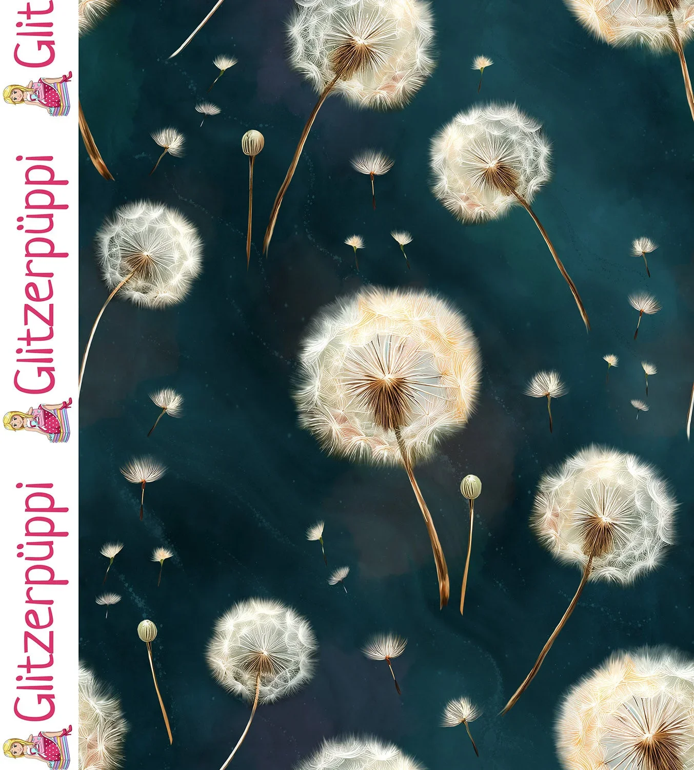Glitzerpüppi French Terry Digital mit Pusteblumen - petrol (N024)