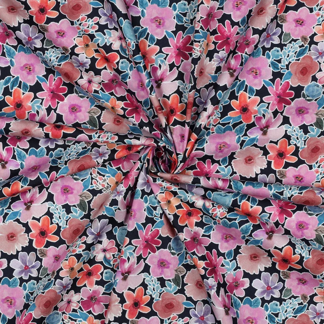 Baumwollstoff Popeline Digital mit Aquarellblumen - marine (V003)