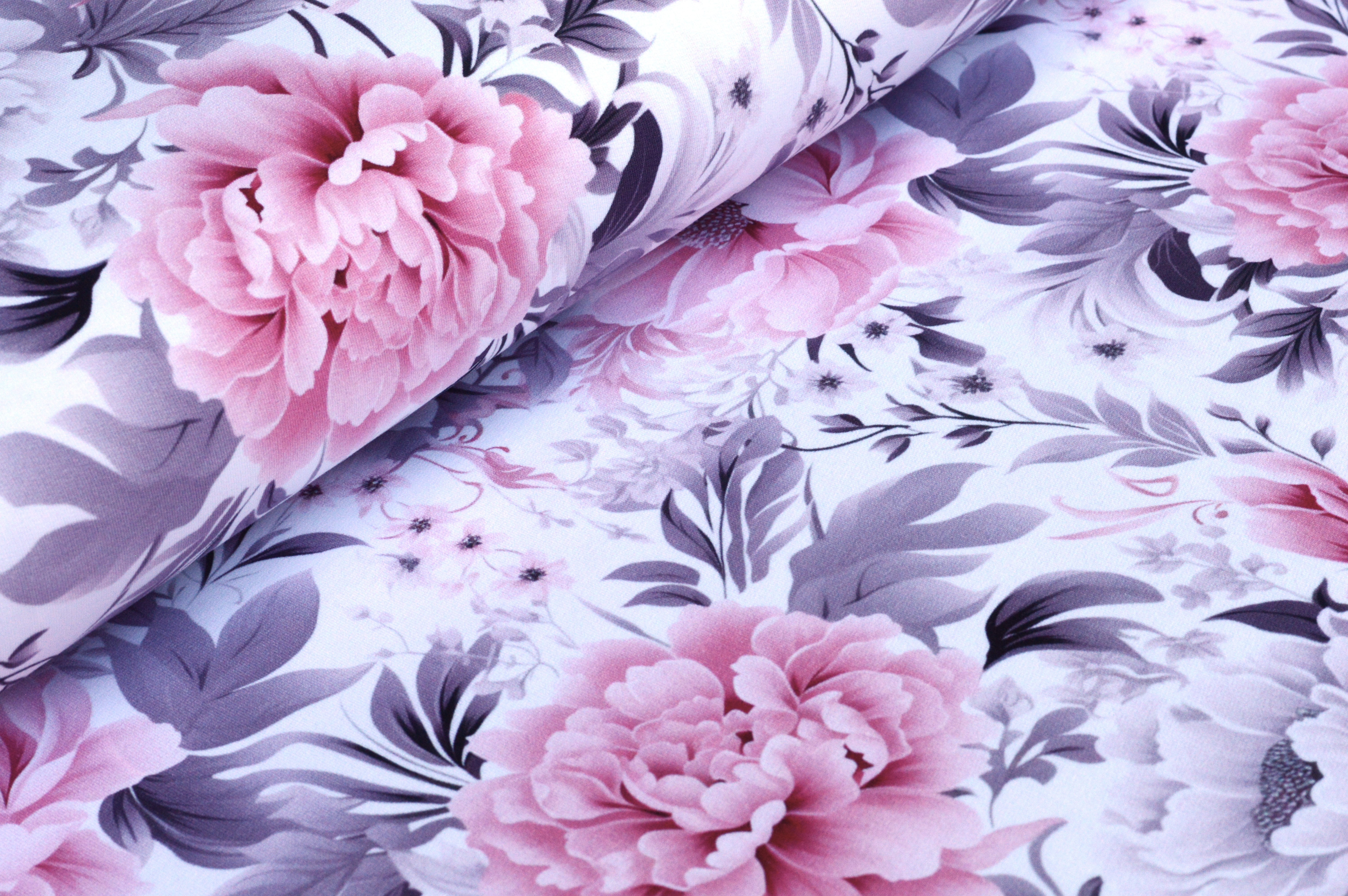 French Terry Digital Eigenproduktion "Vintage Blossom" mit rosa/grauen Pfingstrosen - ecru