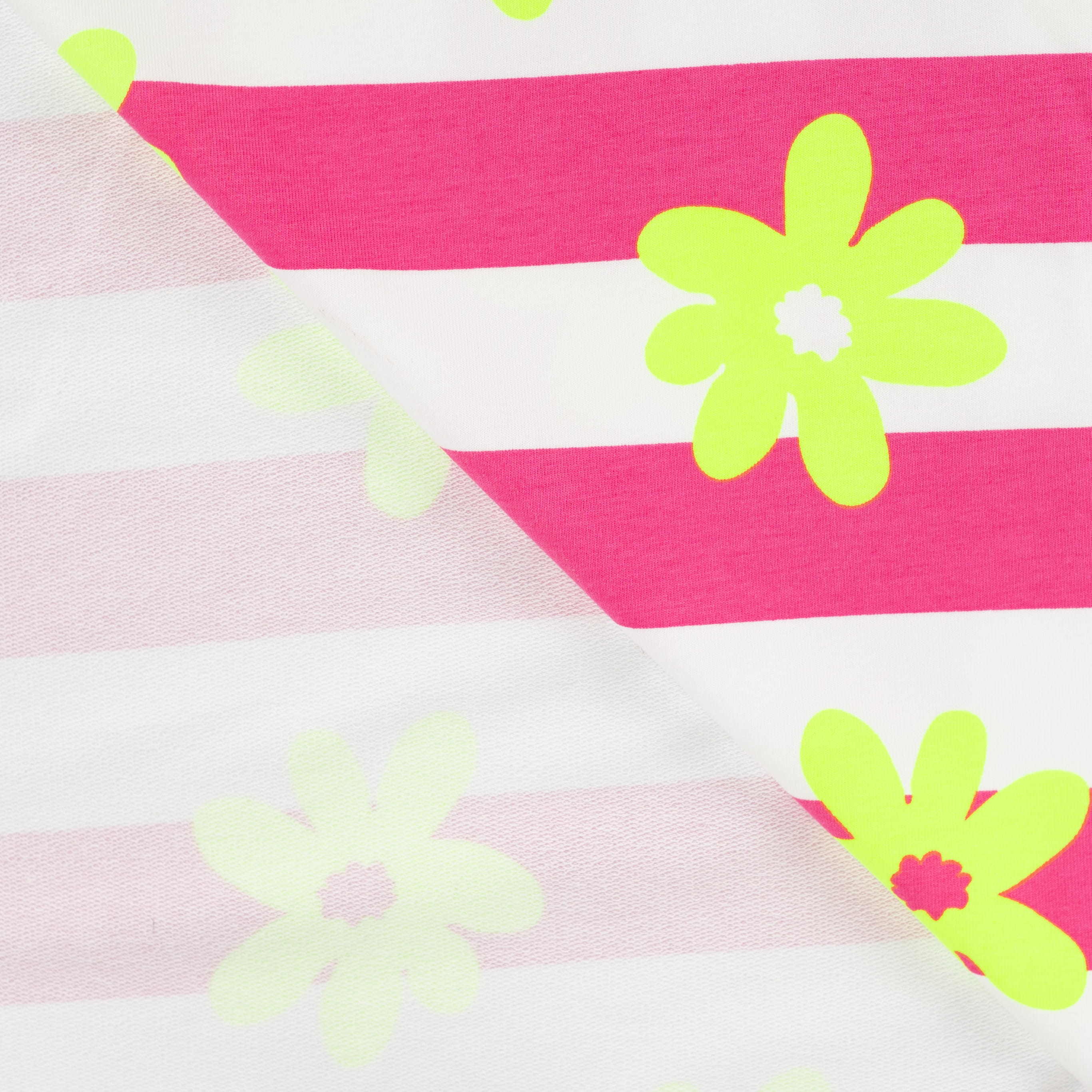 French Terry "Stripes & Flowers" mit neon gelben Blumen und Blockstreifen - pink/weiß (Q170)