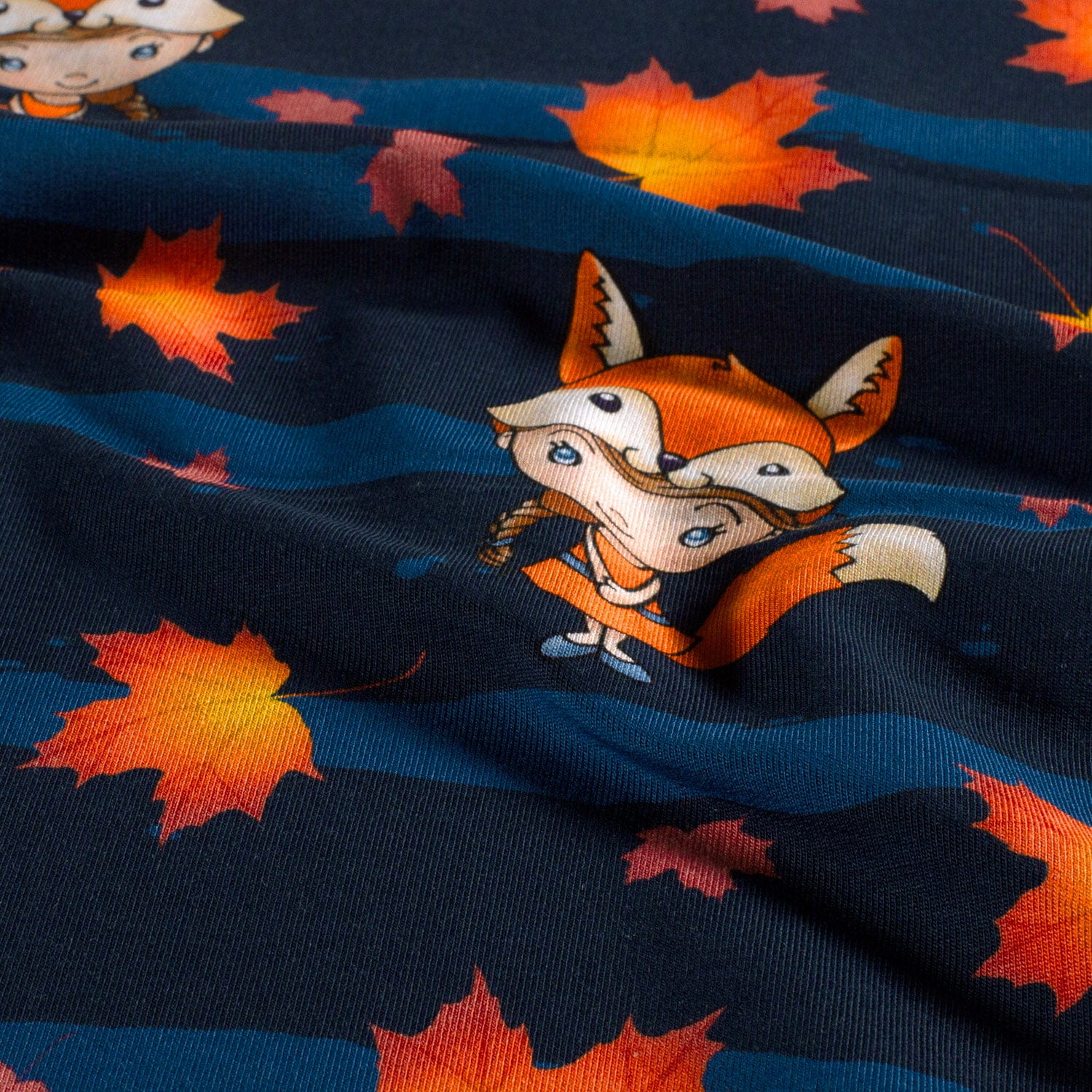 Glitzerpüppi French Terry Digital mit Fuchs-Mädchen und Herbstlaub mit Streifen - dunkelblau