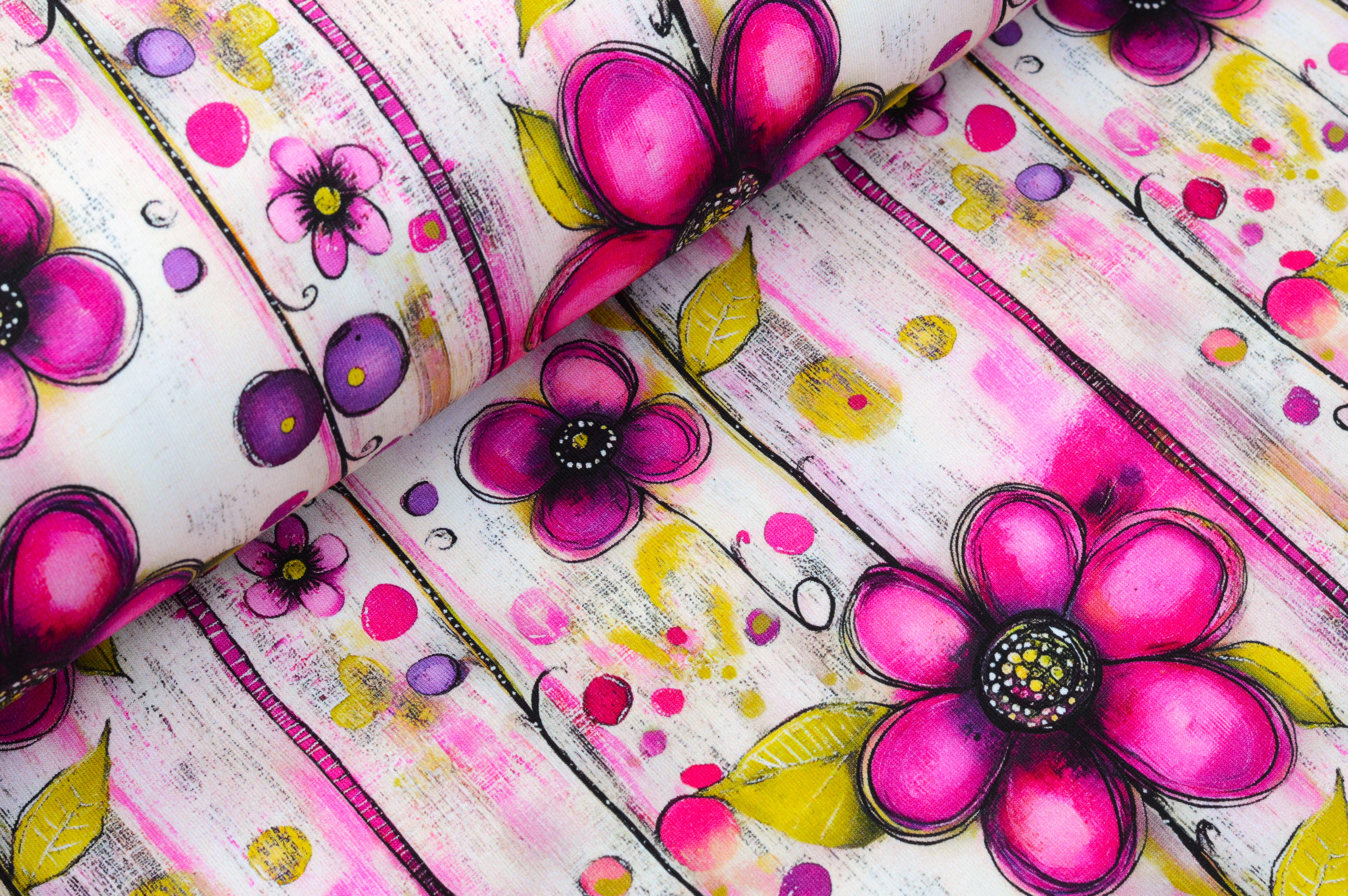 Baumwolljersey Digital mit pinken Aquarell-Blumen und Streifen - ecru
