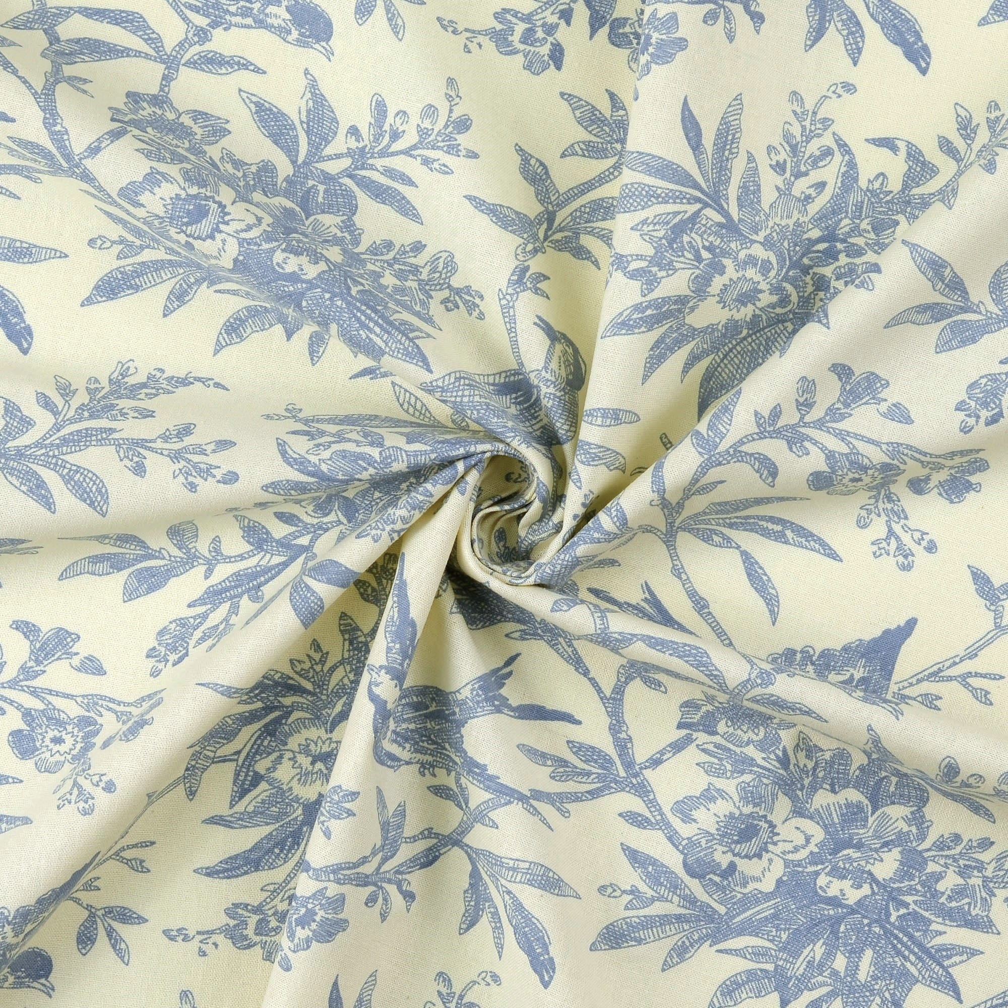 Baumwollstoff Popeline mit Vintage-Vögeln und Blumenranken - creme/dusty blue (N003)
