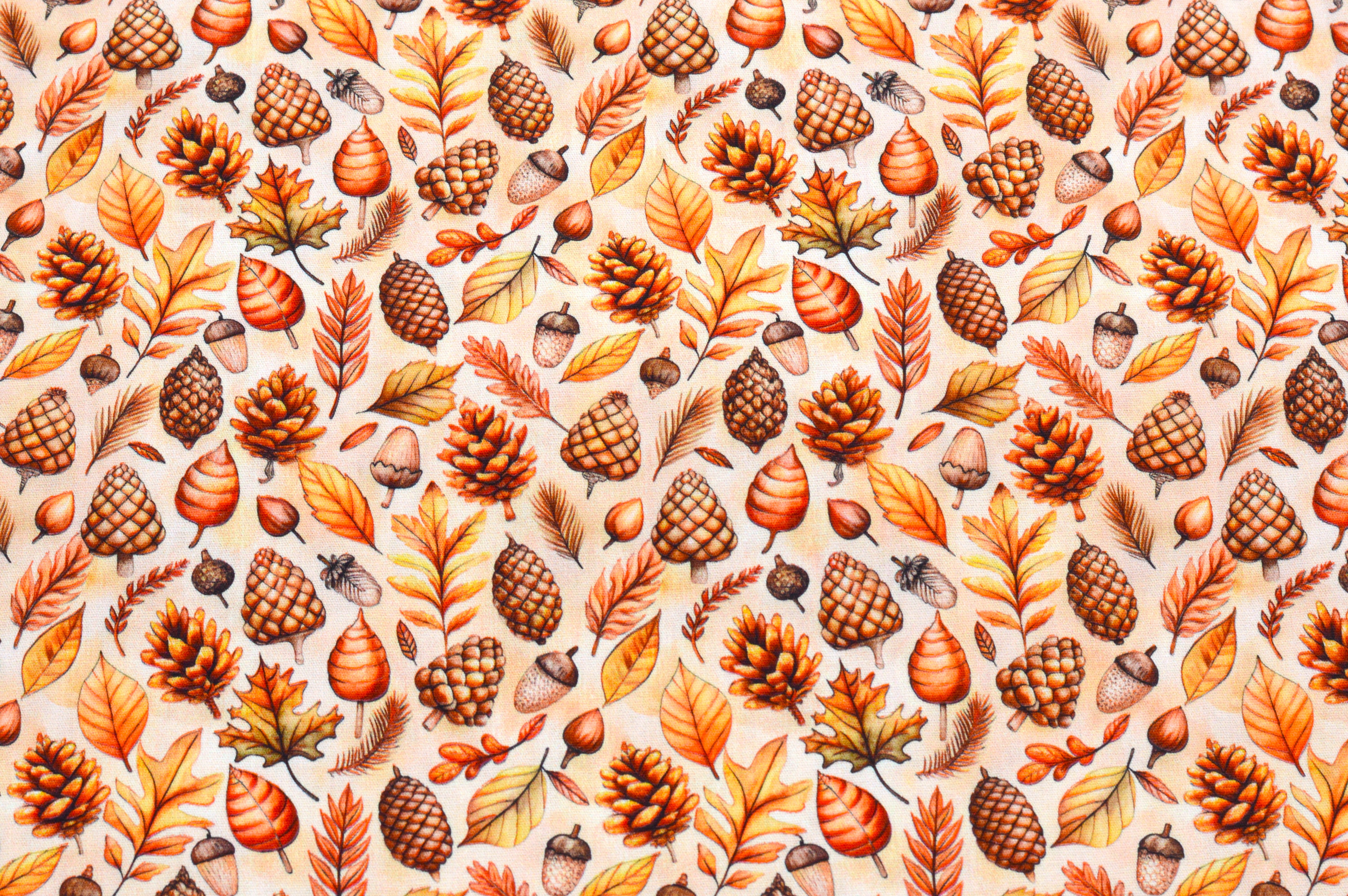 Baumwollstoff Digitaldruck Eigenproduktion mit Herbstblättern, Zapfen und Eicheln - beige