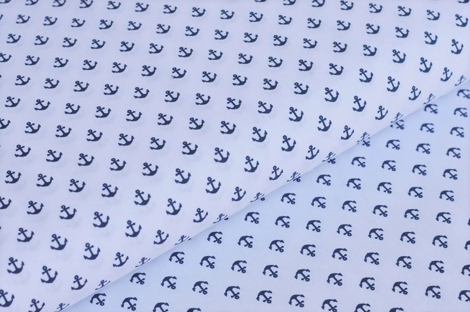 Baumwollstoff weiß mit kleinen navy Ankern (102)