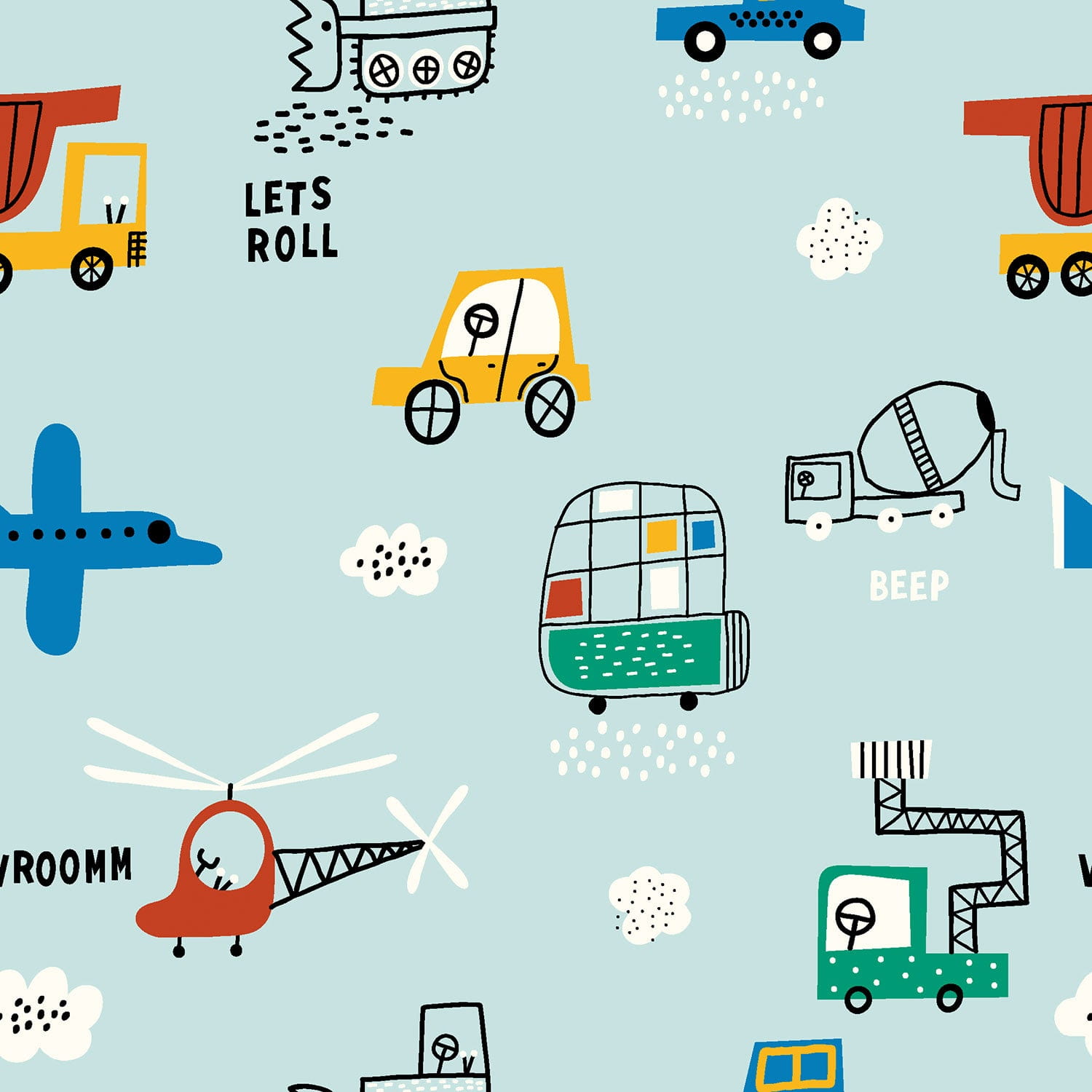 Baumwollstoff Popeline mit Fahrzeugen - mint 