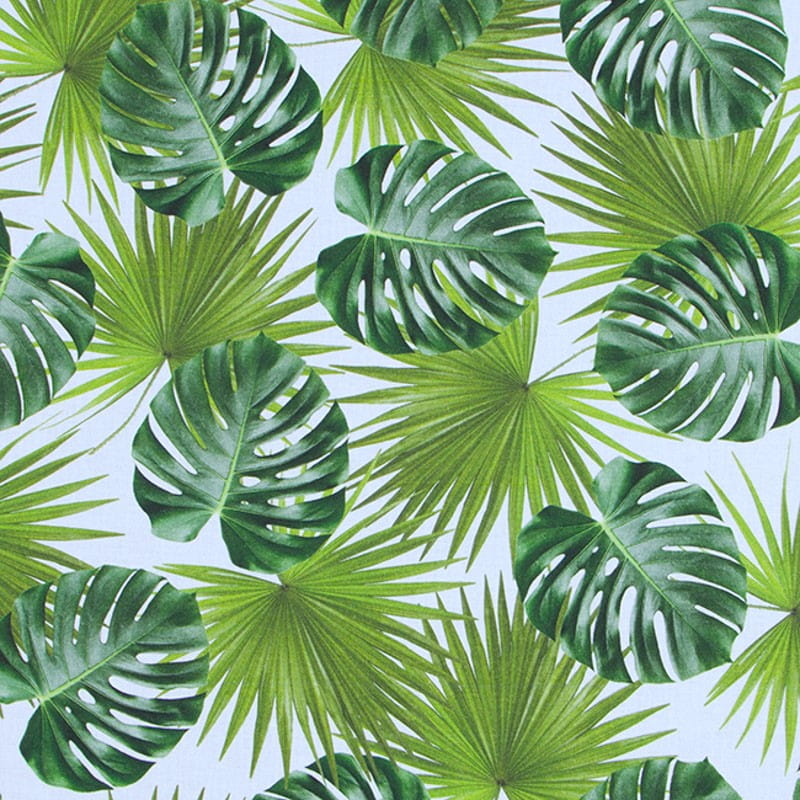 Halb-Panama Dekostoff mit großen grünen Blättern - weiß