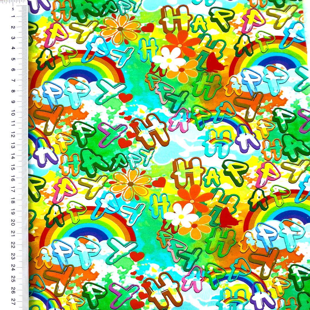 Baumwolljersey "Happy" mit Regenbogen und Schrift (Digitaldruck) - grün       
