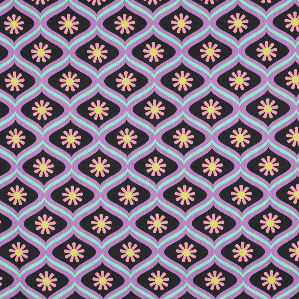 Baumwollstoff beschichtet mit Retro-Blumen - schwarz