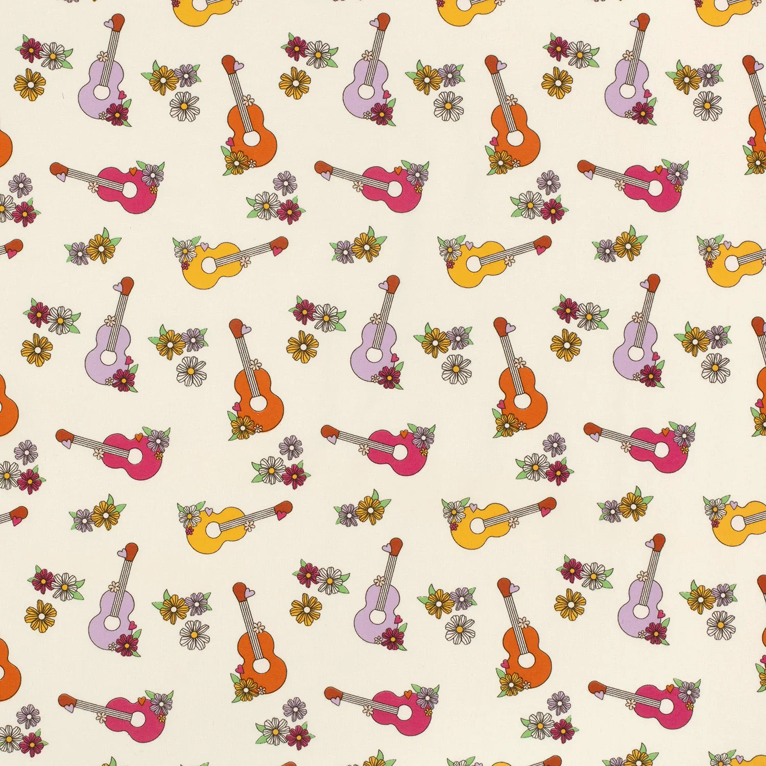 0,88m Reststück   Baumwolljersey mit Blumen und Gitarren - wollweiß 