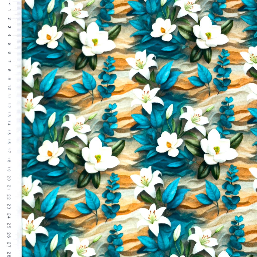 Baumwolljersey "Beautiful Flowers" mit Magolien (Digitaldruck)       