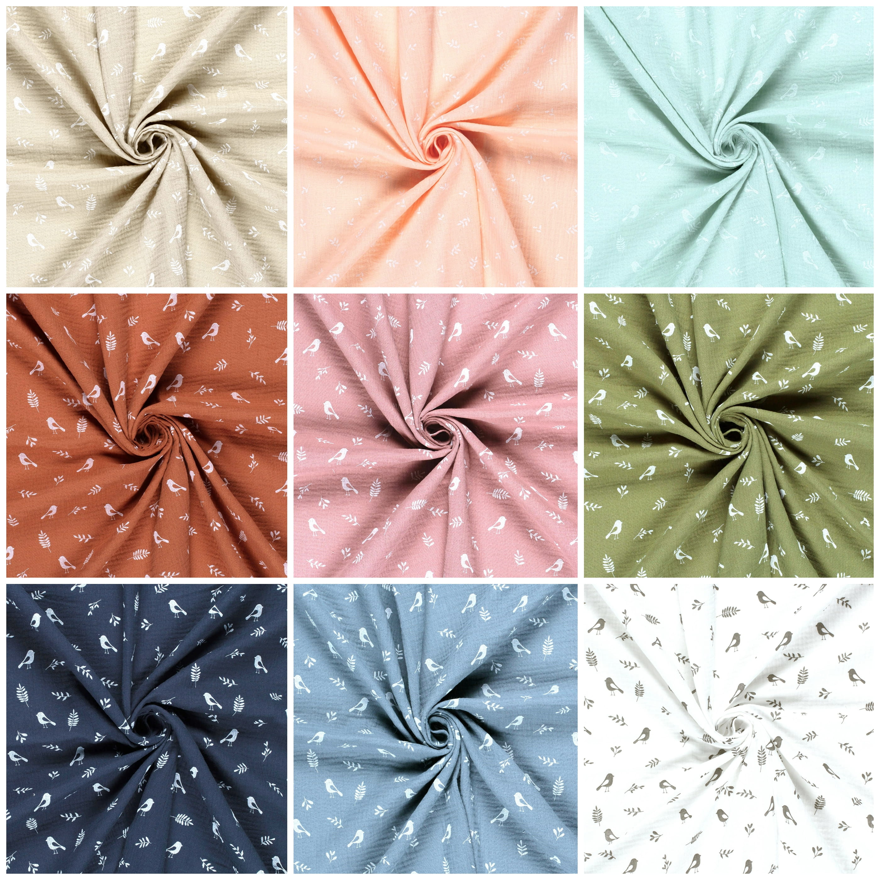 Baumwolle Musselin Double Gauze mit Blätterzweigen und Vögeln Baumwolle Musselin Double Gauze mit Blätterzweigen und Vögeln