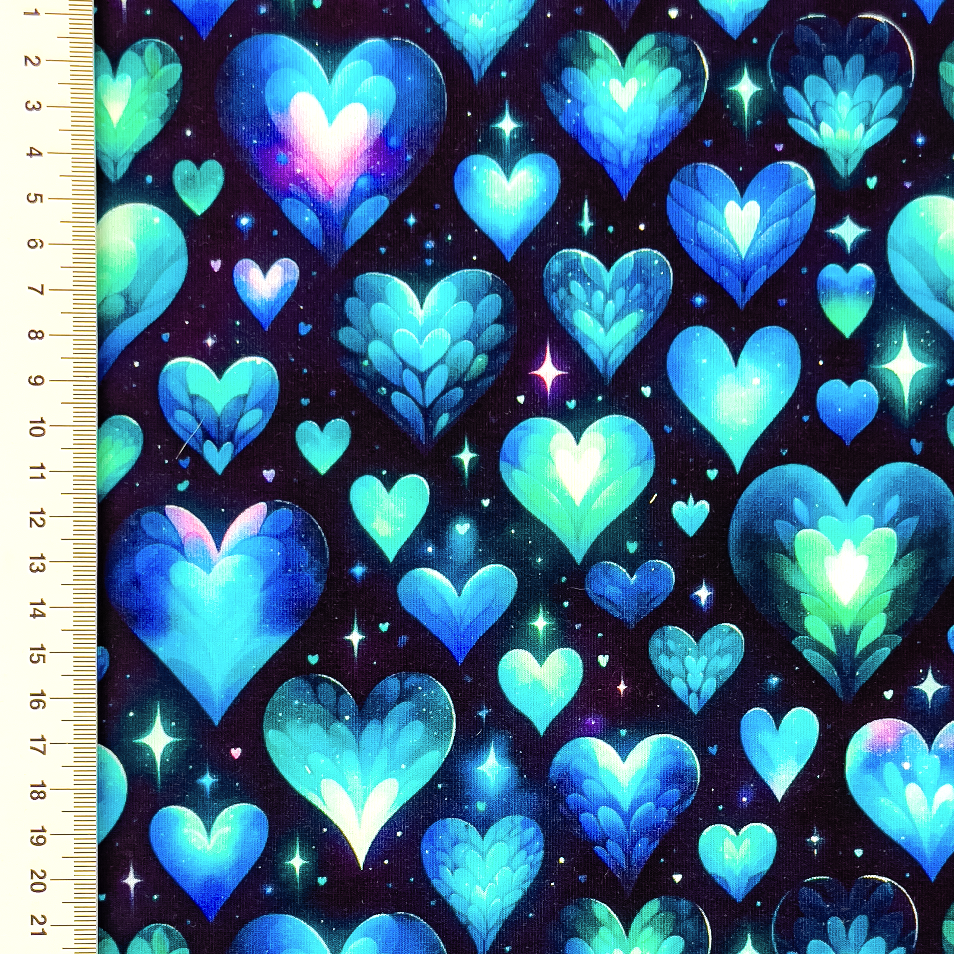 Sommersweat French Terry Digital mit leuchtenden Herzen - schwarz/türkis/grün