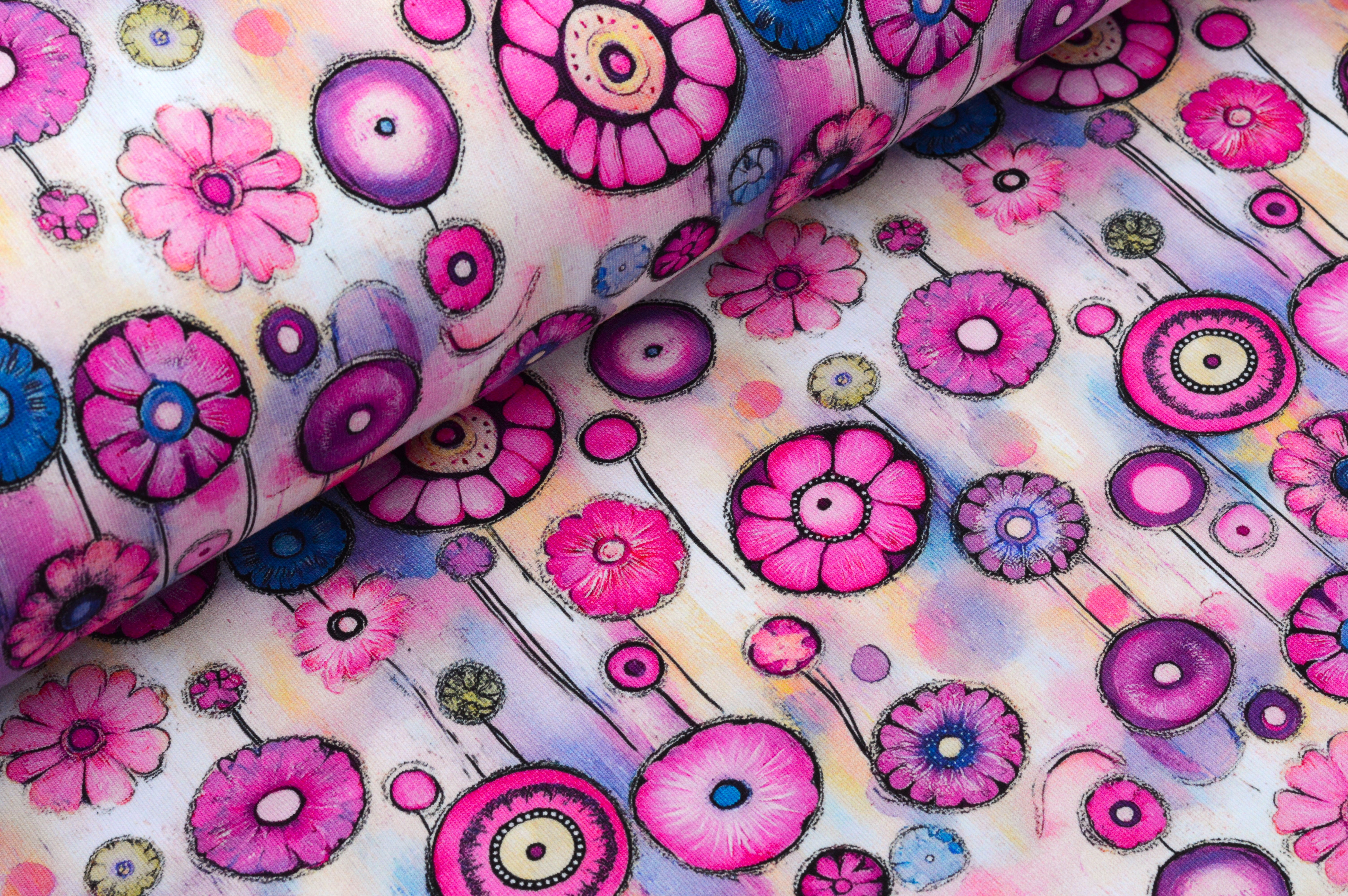 Baumwolljersey Digital mit Aquarell-Blumen Kreisen - ecru/bunt