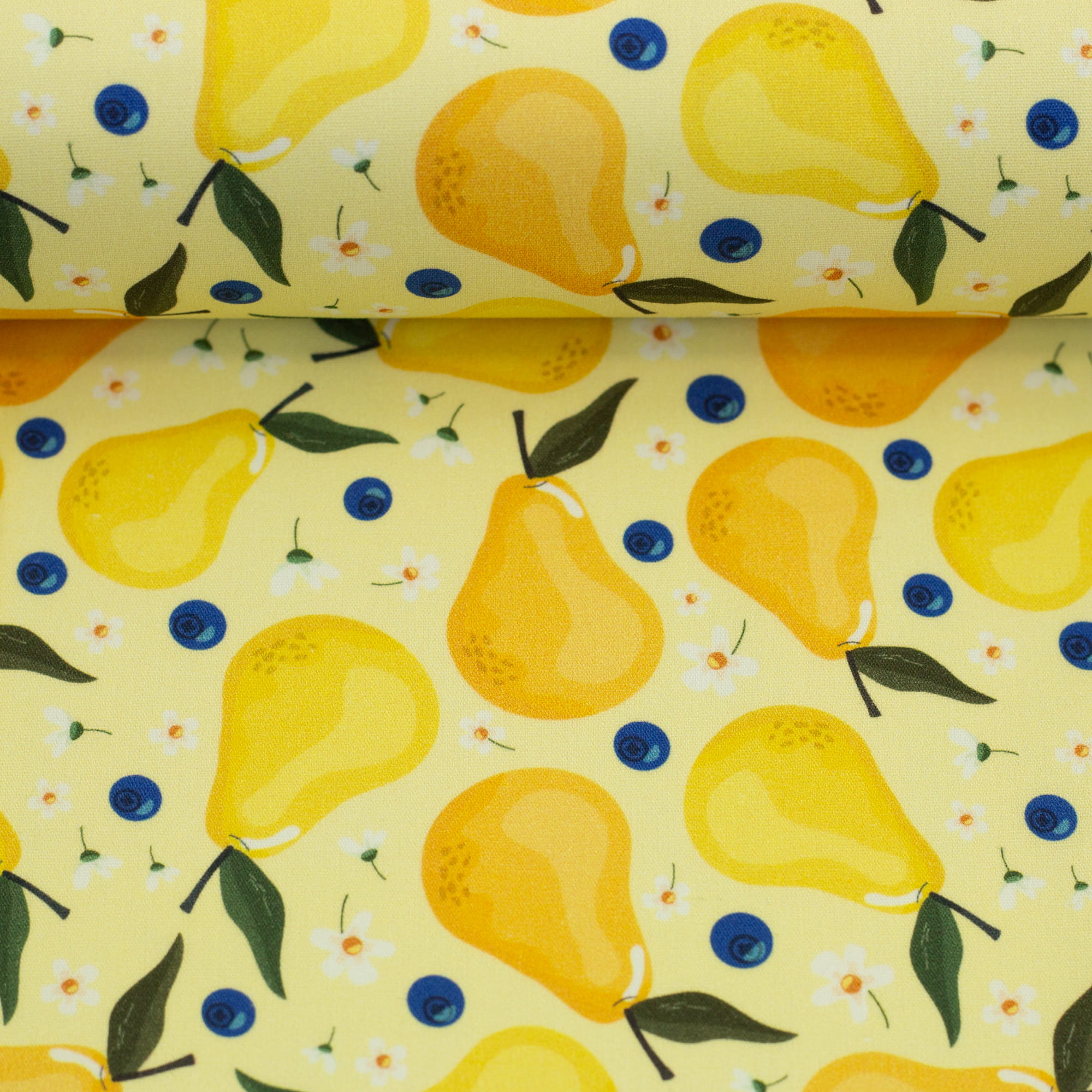Baumwollstoff Swafing "Fruits" mit Birnen und Blaubeeren - hellgelb