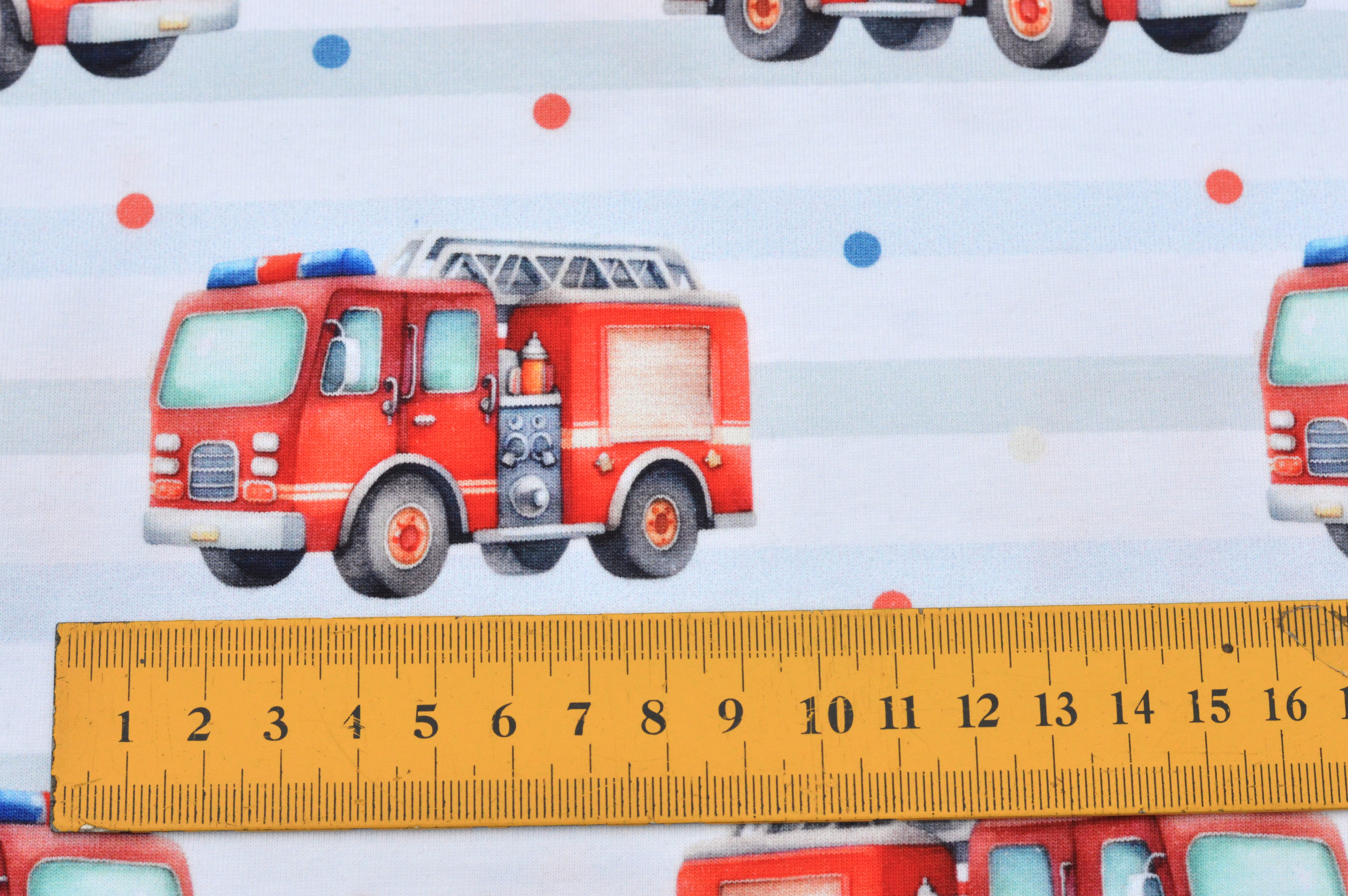 Digitaljersey Eigenproduktion "Kleine Feuerhelden" mit Feuerwehrautos - hellblau/weiß gestreift